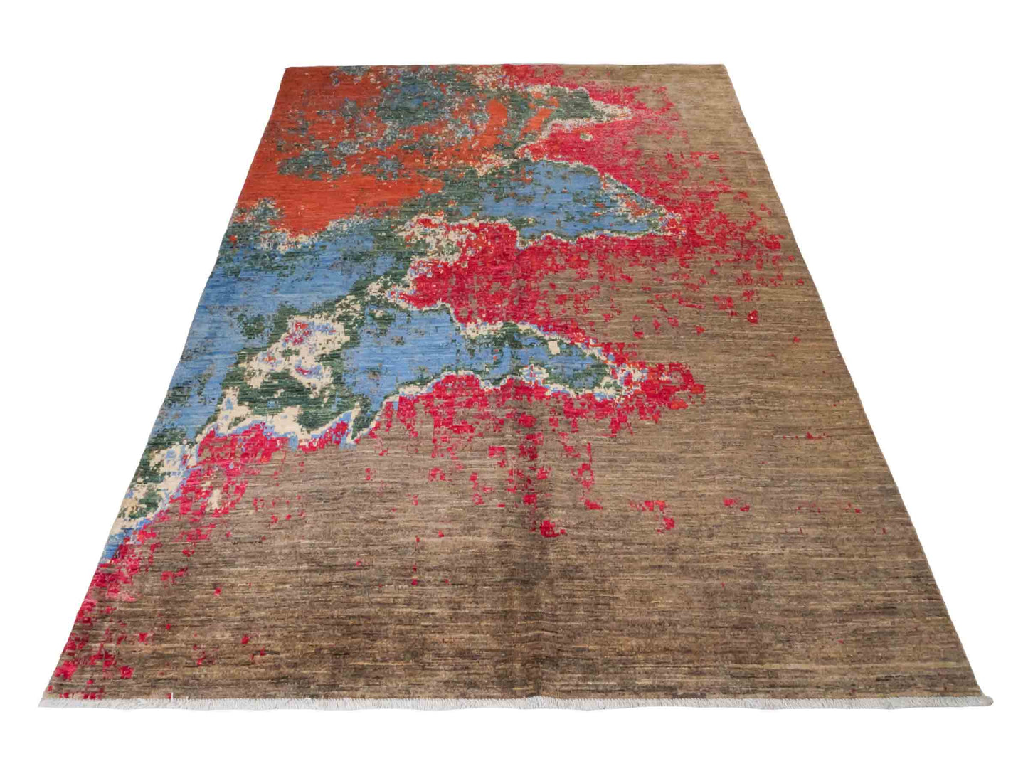 Handgeknüpfter Design Ziegler Orientteppich von Khademi aus Wolle, braun, rot, blau. Abstrakt-modernem Design. Traditionell von Hand geknüpft in Afghanistan. Größe: 239 cm x 169 cm. Teppichnummer: RB3-1037. Verkauf durch Jupiter Intl.