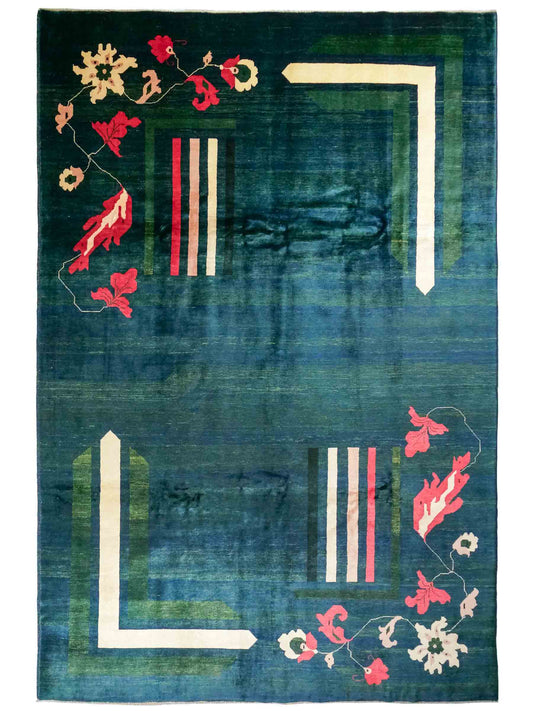 Handgeknüpfter Design Ziegler Orientteppich von Khademi aus Wolle, grün, dunkelgrün. Modernes, einfarbiges Graphik-Design. Von Hand geknüpft in Afghanistan. Größe: 299 cm x 204 cm. Teppichnummer: RB3-1010. Verkauf durch Jupiter Intl.