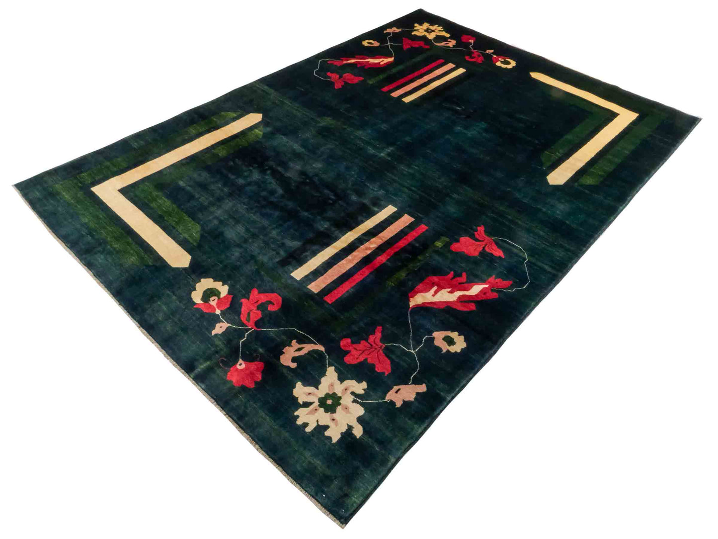 Handgeknüpfter Design Ziegler Orientteppich von Khademi aus Wolle, grün, dunkelgrün. Modernes, einfarbiges Graphik-Design. Von Hand geknüpft in Afghanistan. Größe: 299 cm x 204 cm. Teppichnummer: RB3-1010. Verkauf durch Jupiter Intl.