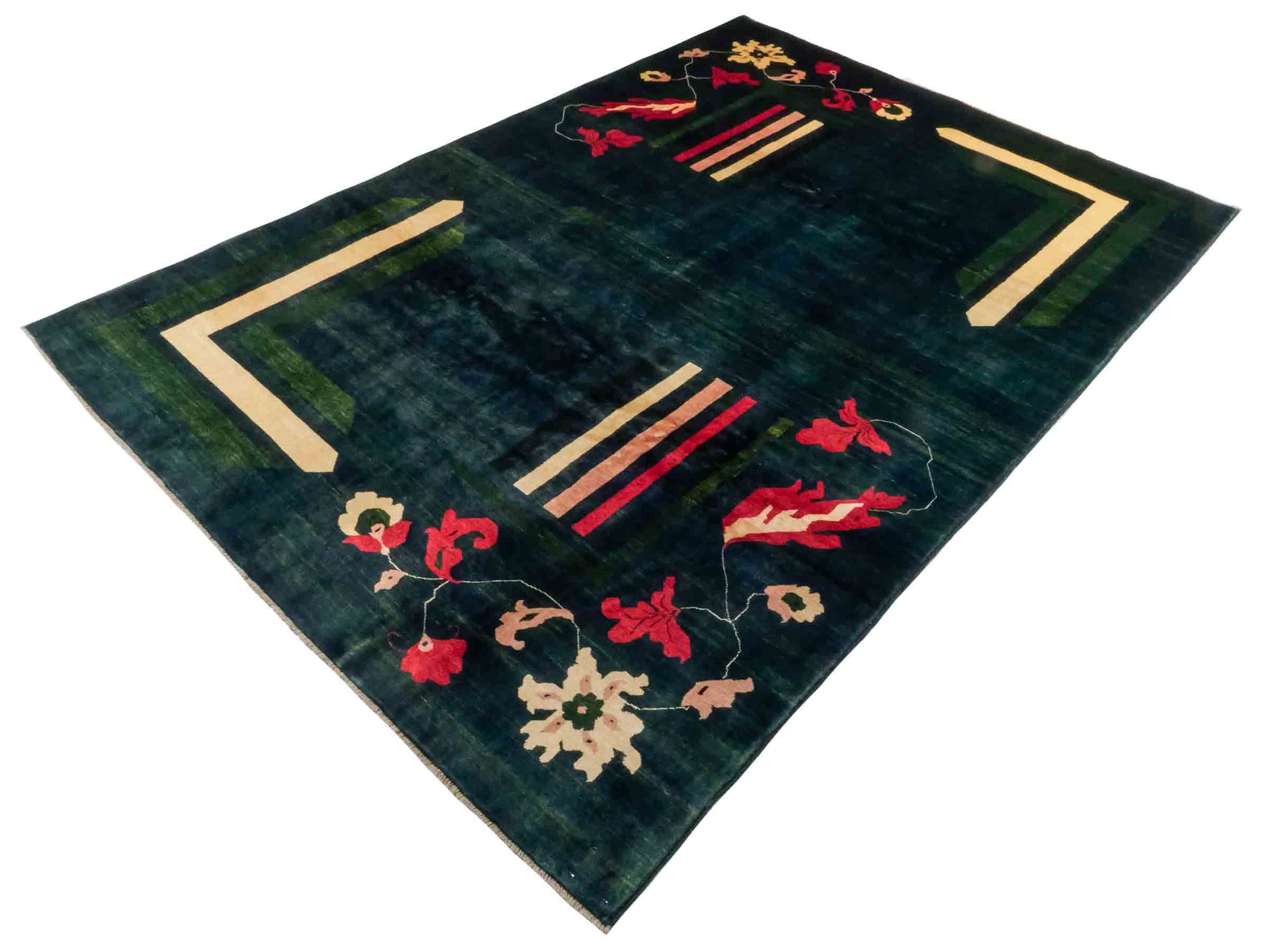Handgeknüpfter Design Ziegler Orientteppich von Khademi aus Wolle, grün, dunkelgrün. Modernes, einfarbiges Graphik-Design. Von Hand geknüpft in Afghanistan. Größe: 299 cm x 204 cm. Teppichnummer: RB3-1010. Verkauf durch Jupiter Intl.
