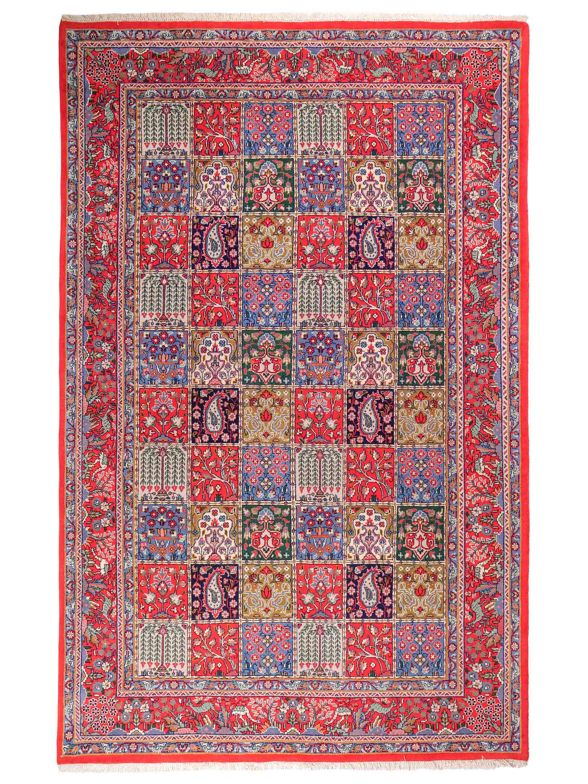 Handgeknüpfter Moud Perserteppich von Khademi aus Wolle, rot-mehrfarbig. Feiner, persischer Teppich mit Feldmuster. Orientteppich, geknüpft in Iran. Größe: 296 x 187 cm. Teppichnummer: SB3-1176 | Jupiter Intl