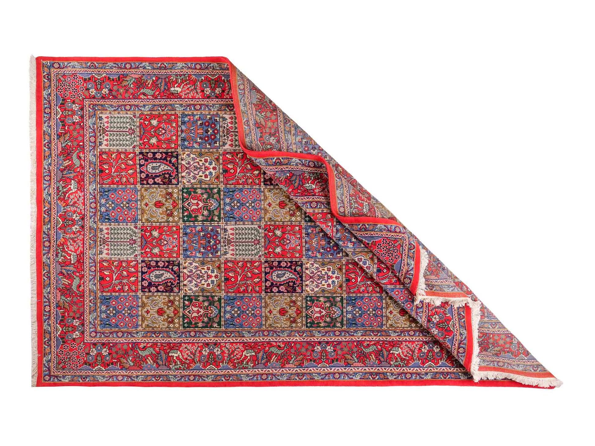 Handgeknüpfter Moud Perserteppich von Khademi aus Wolle, rot-mehrfarbig. Feiner, persischer Teppich mit Feldmuster. Orientteppich, geknüpft in Iran. Größe: 296 x 187 cm. Teppichnummer: SB3-1176 | Jupiter Intl