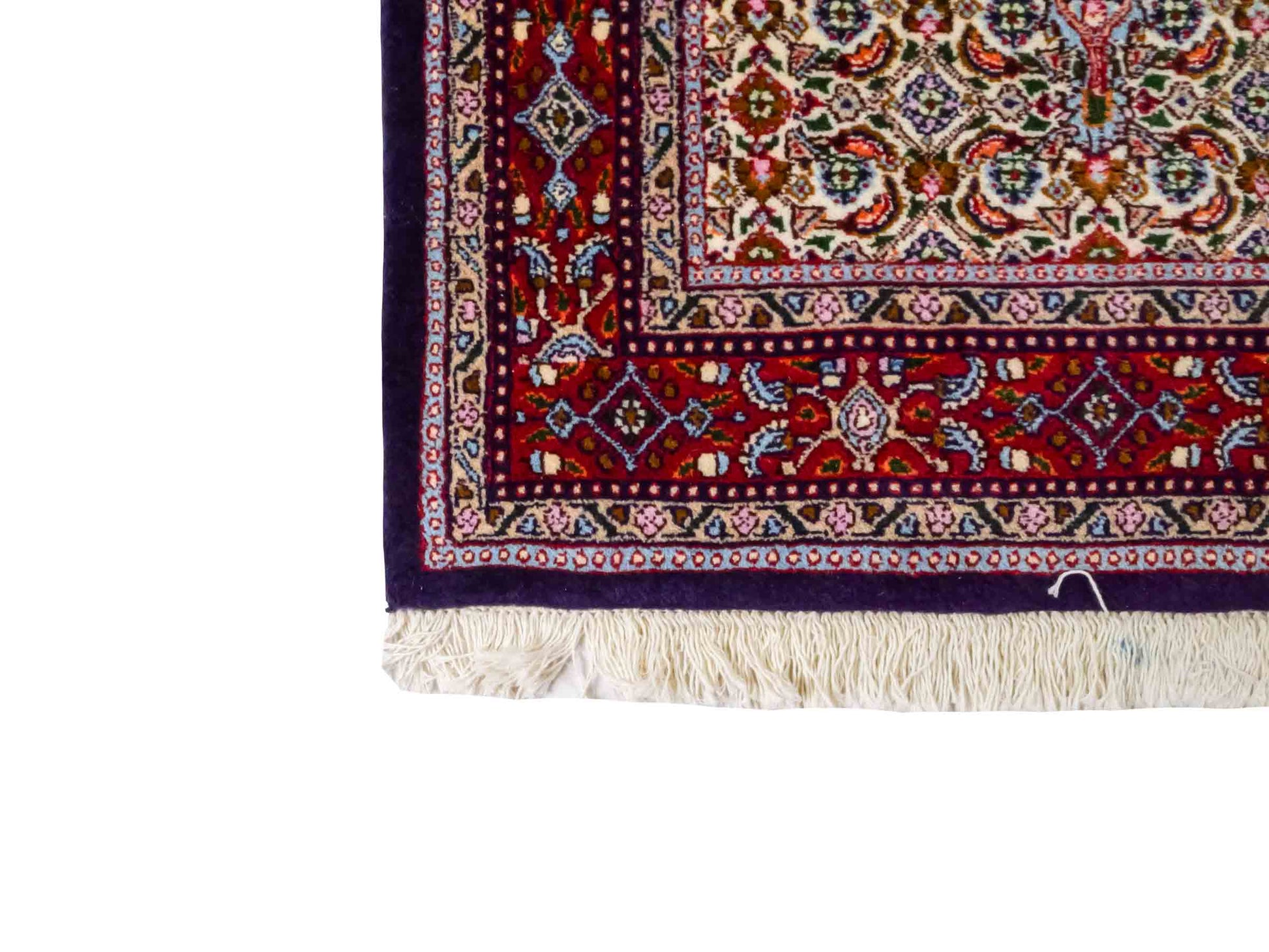 Handgeknüpfter Moud Läufer-Perserteppich von Khademi aus Wolle, blau, rot, creme. Klassisches Medaillon-Design. Traditionell von Hand geknüpft in Iran / Persien. Größe: 296 cm x 85 cm. Teppichnummer: RB3-1072. Verkauf durch Jupiter Intl.