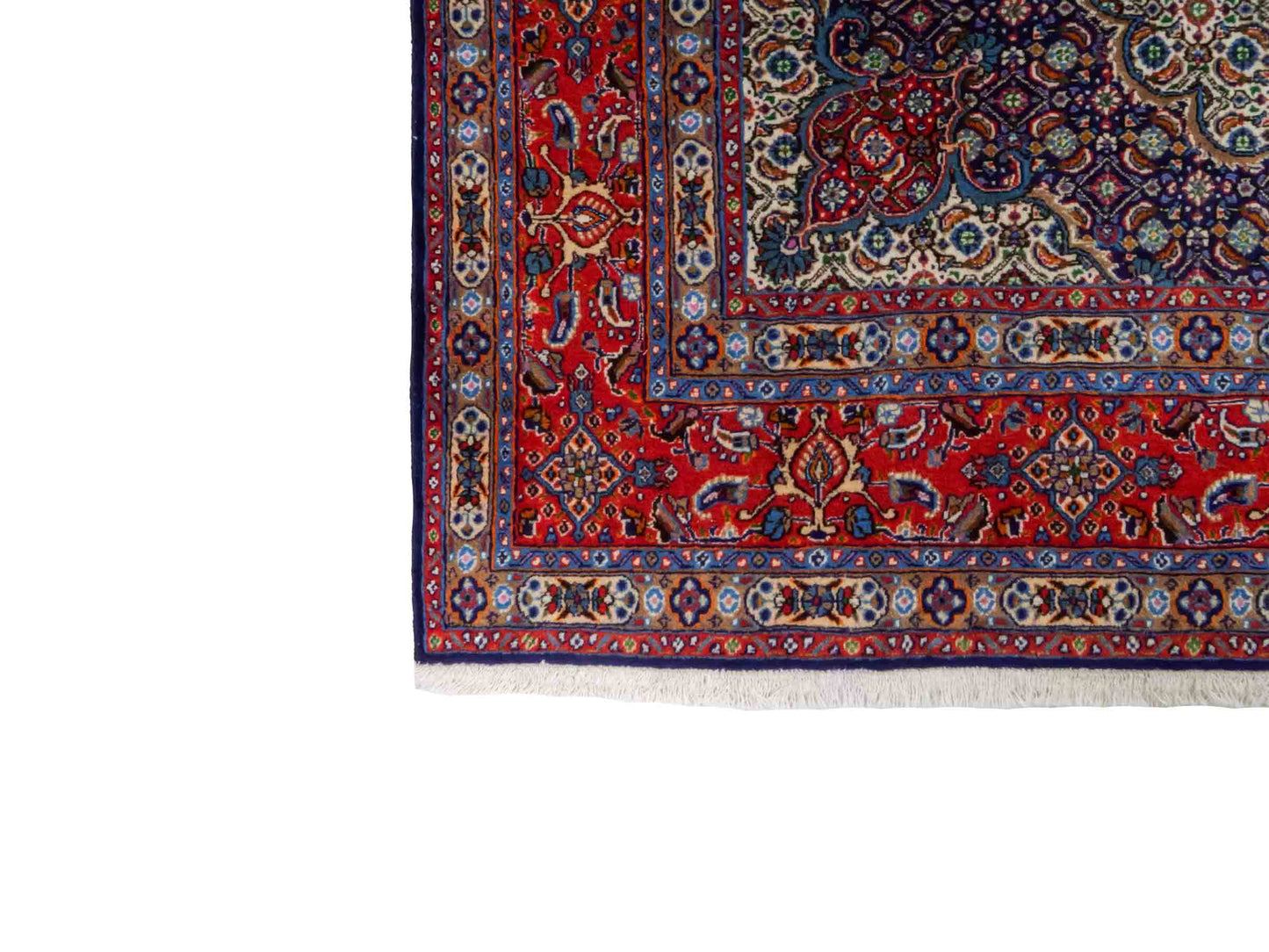 Handgeknüpfter Moud Perserteppich von Khademi mit Signatur aus Wolle, blau, rot, creme. Klassisches Medaillon-Design. Traditionell von Hand geknüpft in Iran / Persien. Größe: 302 cm x 203 cm. Teppichnummer: RB3-1073. Verkauf durch Jupiter Intl.