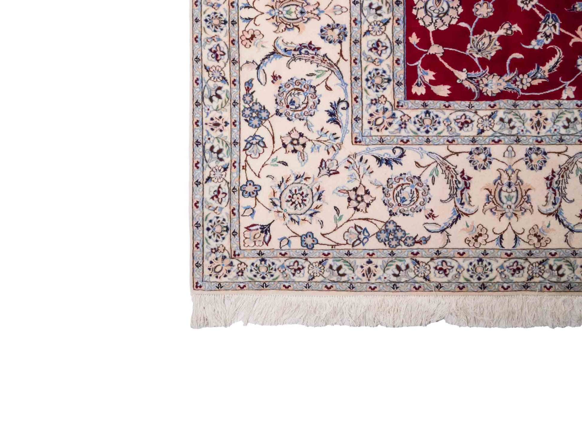 Handgeknüpfter Nain 6La Perserteppich von Khademi aus Wolle mit Seide, rot, weiß. Klassisches Allover-Design. Traditionell von Hand geknüpft in Iran / Persien. Größe: 357 cm x 260 cm. Teppichnummer: RB3-1098. Verkauf durch Jupiter Intl.