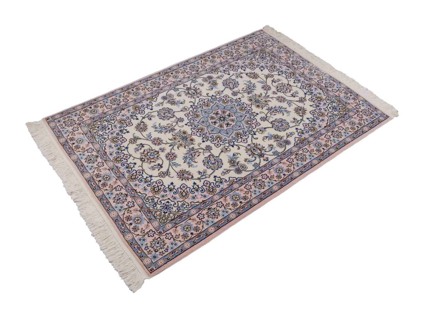 Handgeknüpfter Nain 6La Perserteppich von Habibian für Khademi, signiert, aus Wolle mit Seide, cremeweiß. Persischer Orientteppich mit Medaillon. Von Hand geknüpft in Iran / Persien. Größe: 146 x 102 cm. Teppichnummer: SB3-1040 Jupiter Intl.