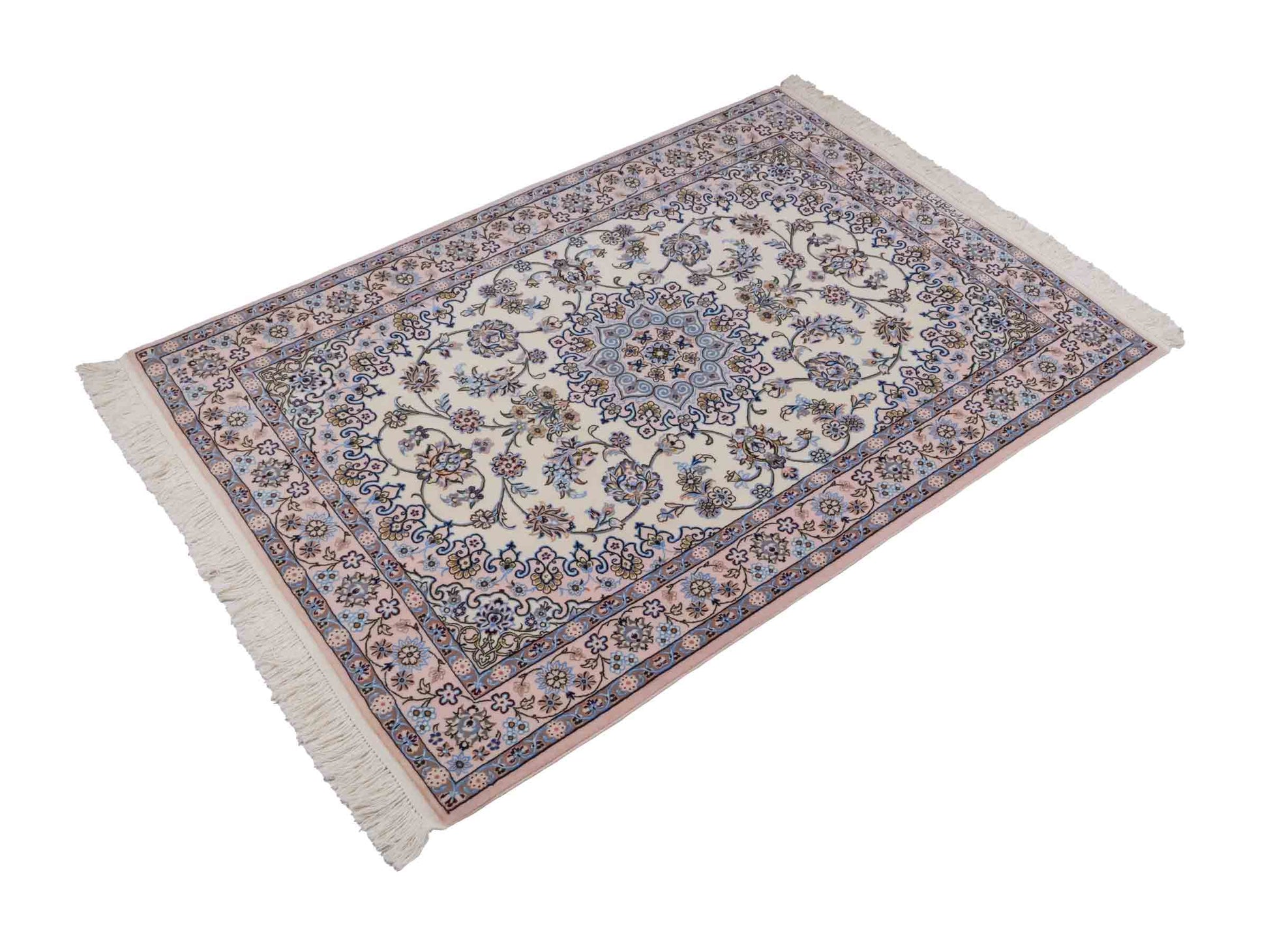 Handgeknüpfter Nain 6La Perserteppich von Habibian für Khademi, signiert, aus Wolle mit Seide, cremeweiß. Persischer Orientteppich mit Medaillon. Von Hand geknüpft in Iran / Persien. Größe: 146 x 102 cm. Teppichnummer: SB3-1040 Jupiter Intl.
