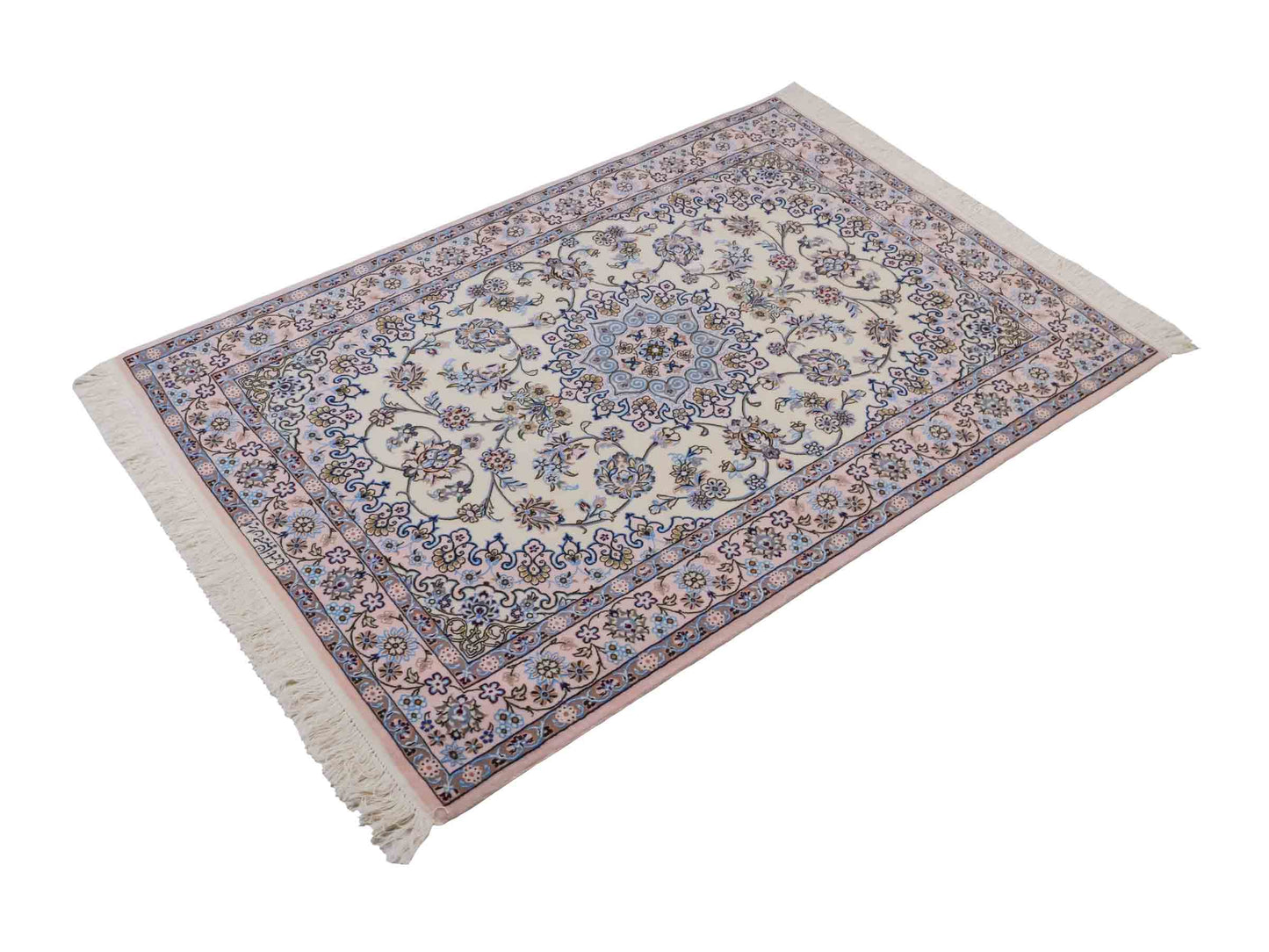 Handgeknüpfter Nain 6La Perserteppich von Habibian für Khademi, signiert, aus Wolle mit Seide, cremeweiß. Persischer Orientteppich mit Medaillon. Von Hand geknüpft in Iran / Persien. Größe: 146 x 102 cm. Teppichnummer: SB3-1040 Jupiter Intl.