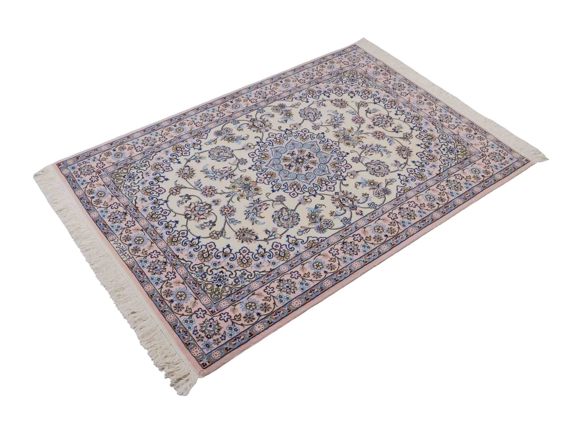 Handgeknüpfter Nain 6La Perserteppich von Habibian für Khademi, signiert, aus Wolle mit Seide, cremeweiß. Persischer Orientteppich mit Medaillon. Von Hand geknüpft in Iran / Persien. Größe: 146 x 102 cm. Teppichnummer: SB3-1040 Jupiter Intl.