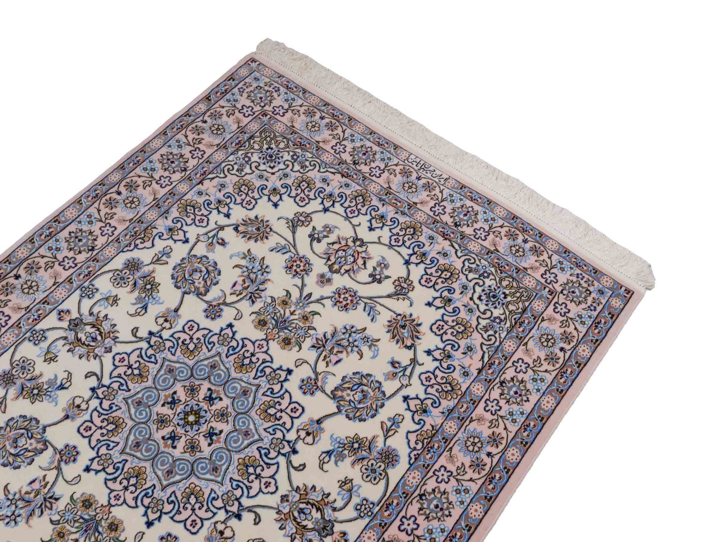 Handgeknüpfter Nain 6La Perserteppich von Habibian für Khademi, signiert, aus Wolle mit Seide, cremeweiß. Persischer Orientteppich mit Medaillon. Von Hand geknüpft in Iran / Persien. Größe: 146 x 102 cm. Teppichnummer: SB3-1040 Jupiter Intl.
