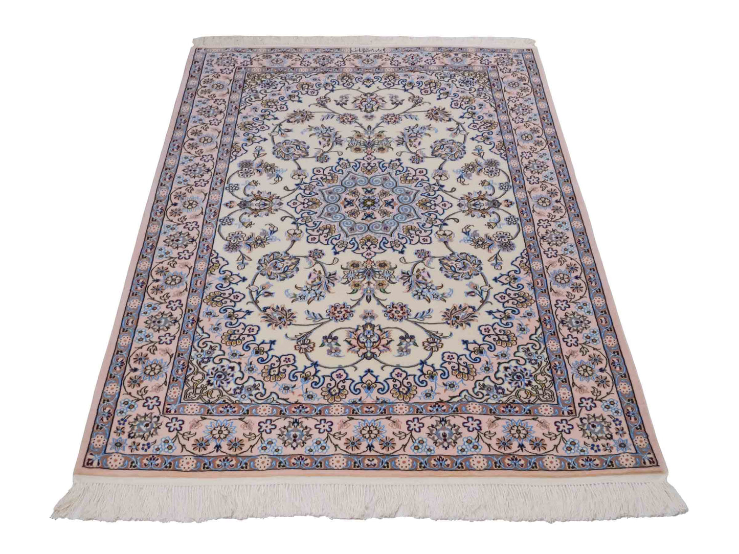 Handgeknüpfter Nain 6La Perserteppich von Habibian für Khademi, signiert, aus Wolle mit Seide, cremeweiß. Persischer Orientteppich mit Medaillon. Von Hand geknüpft in Iran / Persien. Größe: 146 x 102 cm. Teppichnummer: SB3-1040 Jupiter Intl.