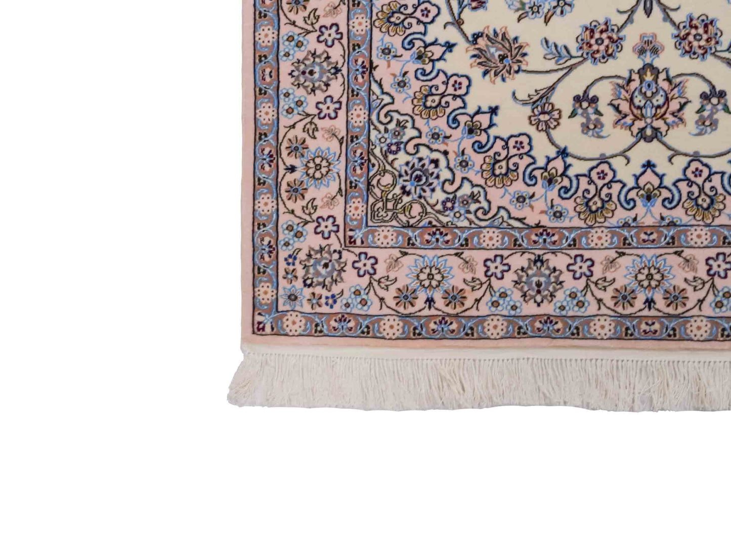 Handgeknüpfter Nain 6La Perserteppich von Habibian für Khademi, signiert, aus Wolle mit Seide, cremeweiß. Persischer Orientteppich mit Medaillon. Von Hand geknüpft in Iran / Persien. Größe: 146 x 102 cm. Teppichnummer: SB3-1040 Jupiter Intl.