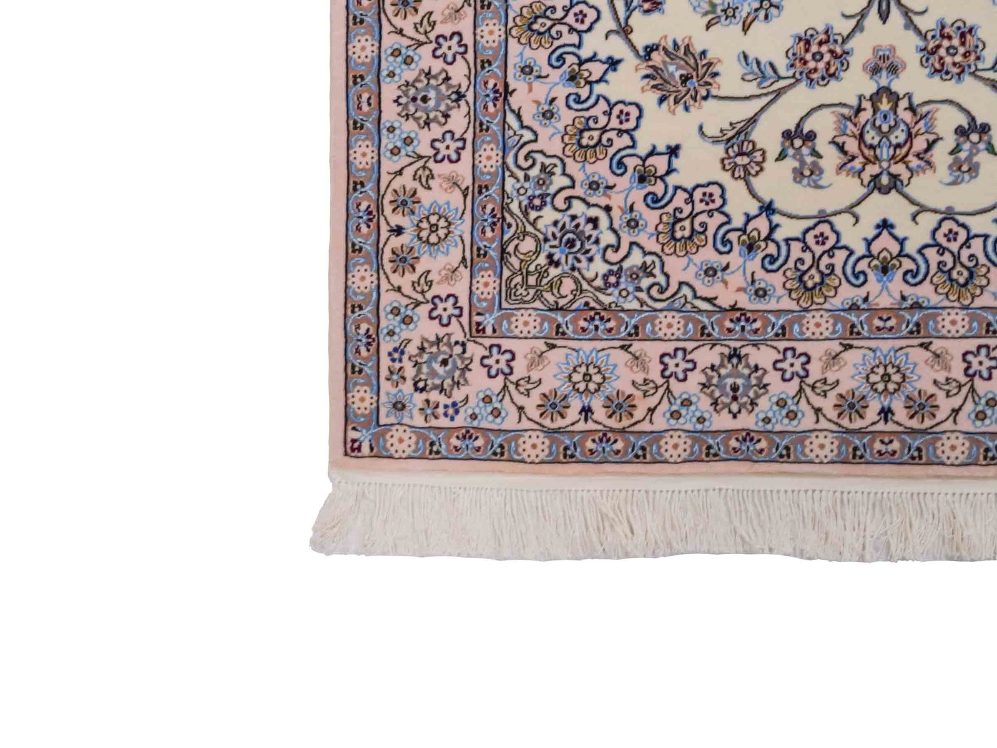 Handgeknüpfter Nain 6La Perserteppich von Habibian für Khademi, signiert, aus Wolle mit Seide, cremeweiß. Persischer Orientteppich mit Medaillon. Von Hand geknüpft in Iran / Persien. Größe: 146 x 102 cm. Teppichnummer: SB3-1040 Jupiter Intl.