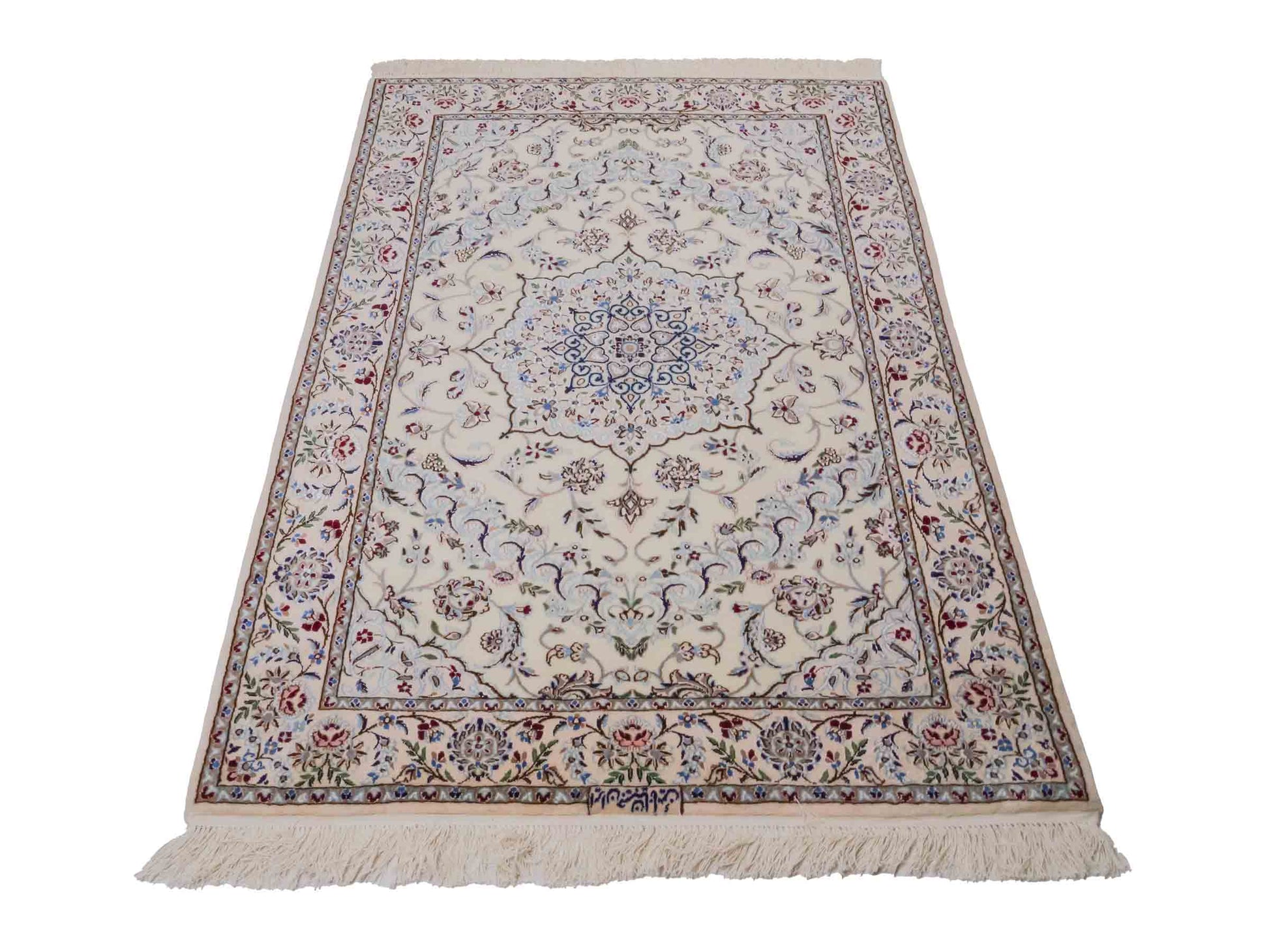 Handgeknüpfter Nain 6La Perserteppich von Habibian für Khademi, signiert, aus Wolle mit Seide, cremeweiß. Persischer Orientteppich mit Medaillon. Von Hand geknüpft in Iran / Persien. Größe: 150 x 100 cm. Teppichnummer: SB3-1036 Jupiter Intl.