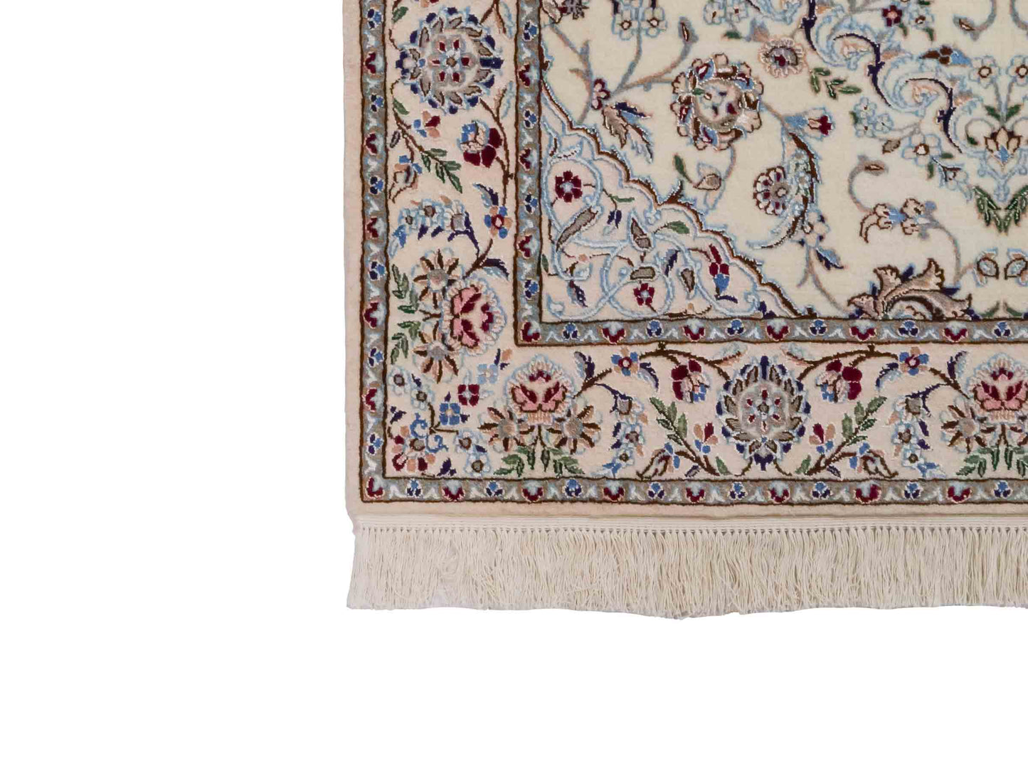 Handgeknüpfter Nain 6La Perserteppich von Habibian für Khademi, signiert, aus Wolle mit Seide, cremeweiß. Persischer Orientteppich mit Medaillon. Von Hand geknüpft in Iran / Persien. Größe: 150 x 100 cm. Teppichnummer: SB3-1036 Jupiter Intl.