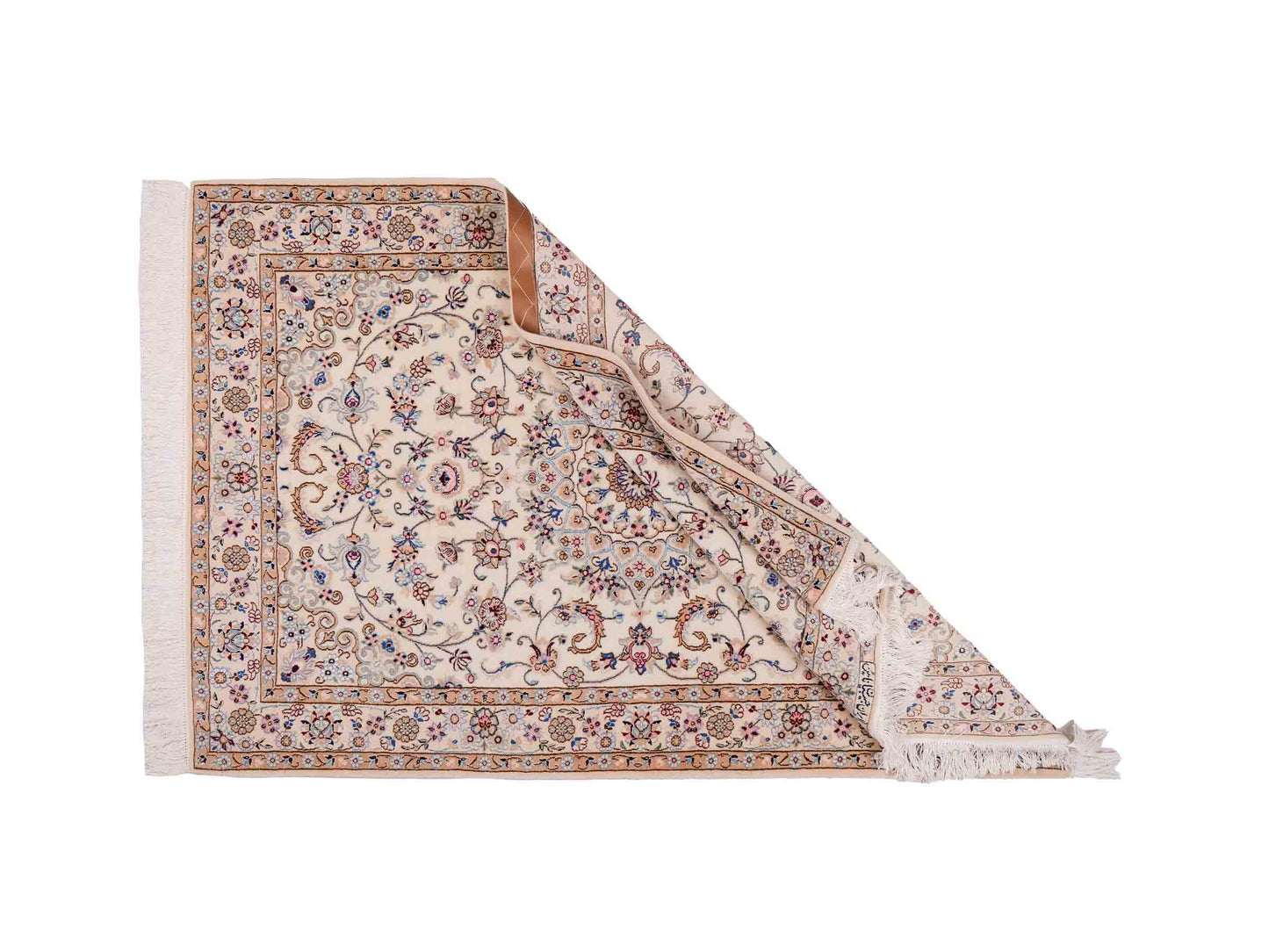 Handgeknüpfter Nain 6La Perserteppich von Habibian für Khademi, signiert, aus Wolle mit Seide, cremeweiß. Persischer Orientteppich mit Medaillon. Von Hand geknüpft in Iran / Persien. Größe: 152 x 103 cm. Teppichnummer: SB3-1035 Jupiter Intl.