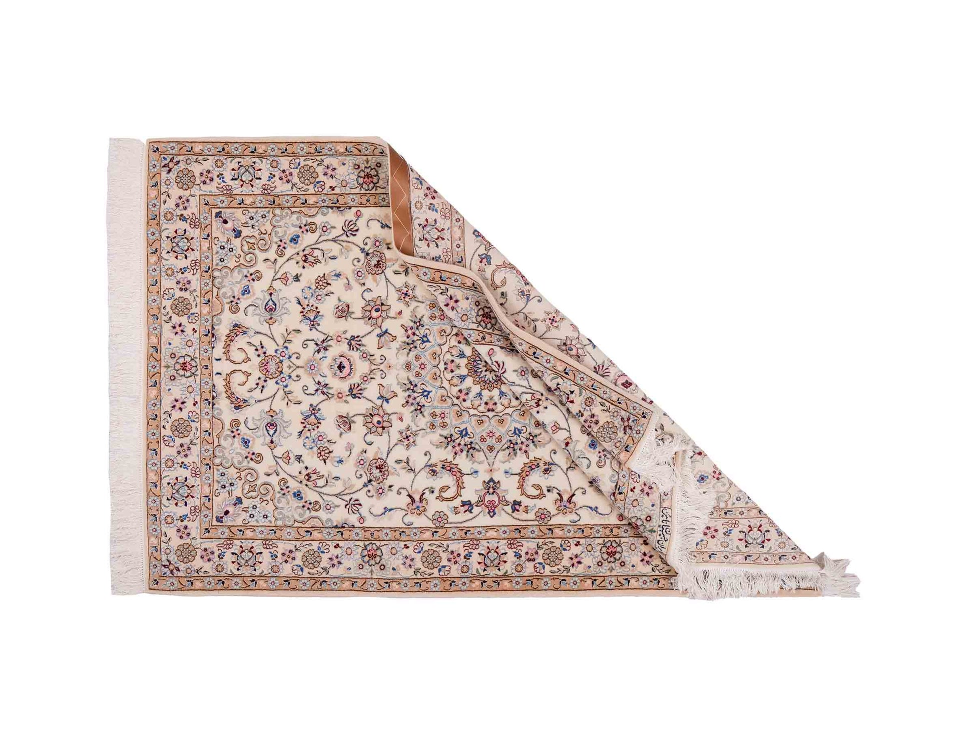 Handgeknüpfter Nain 6La Perserteppich von Habibian für Khademi, signiert, aus Wolle mit Seide, cremeweiß. Persischer Orientteppich mit Medaillon. Von Hand geknüpft in Iran / Persien. Größe: 152 x 103 cm. Teppichnummer: SB3-1035 Jupiter Intl.