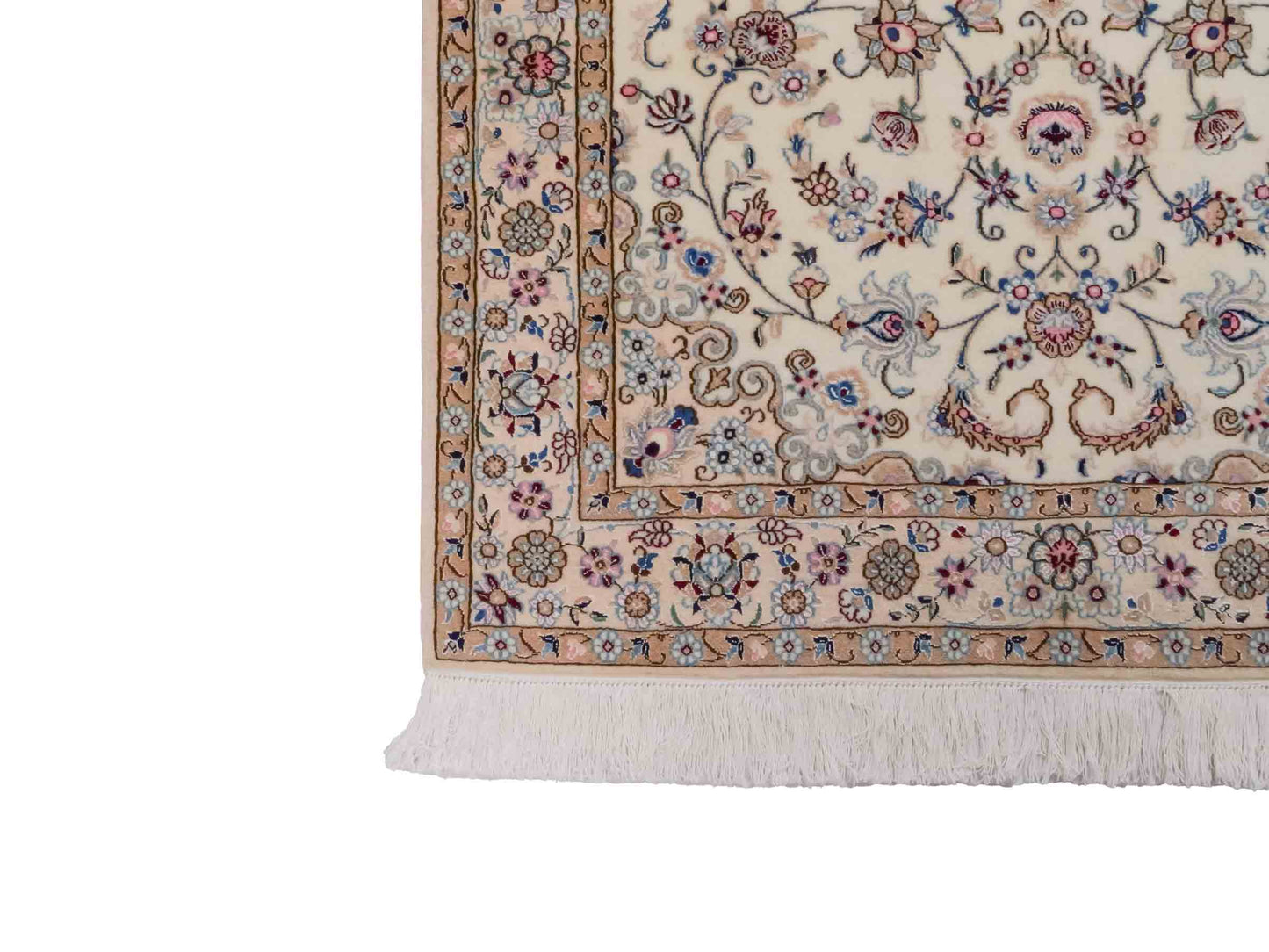 Handgeknüpfter Nain 6La Perserteppich von Habibian für Khademi, signiert, aus Wolle mit Seide, cremeweiß. Persischer Orientteppich mit Medaillon. Von Hand geknüpft in Iran / Persien. Größe: 152 x 103 cm. Teppichnummer: SB3-1035 Jupiter Intl.