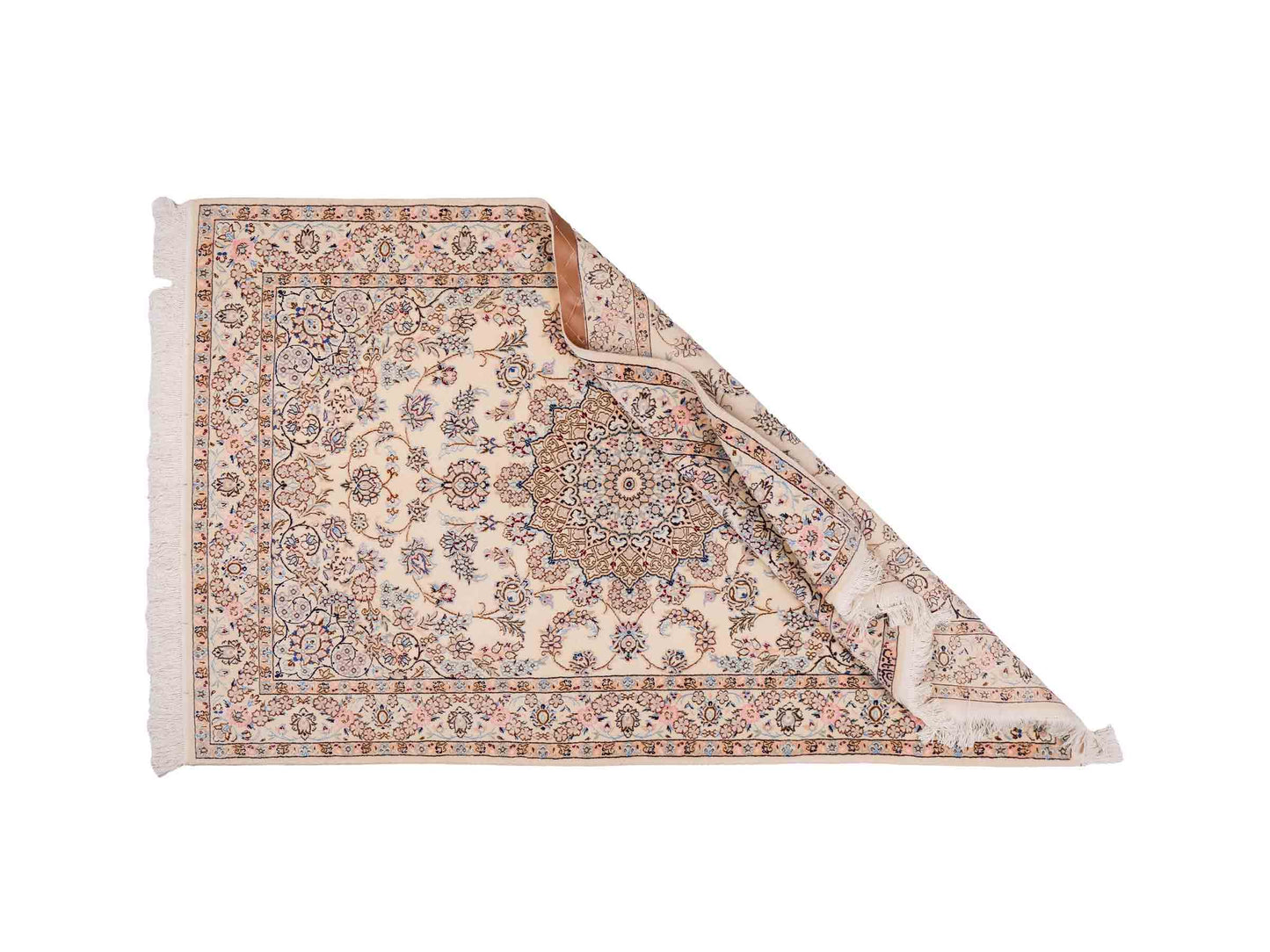 Handgeknüpfter Nain 6La Perserteppich von Habibian für Khademi, signiert, aus Wolle mit Seide, cremeweiß. Persischer Orientteppich mit Medaillon. Von Hand geknüpft in Iran / Persien. Größe: 159 x 101 cm. Teppichnummer: SB3-1039 Jupiter Intl.