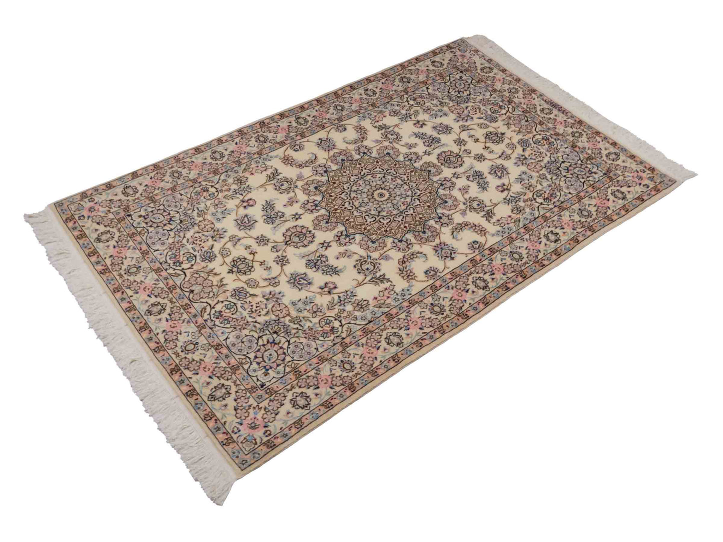 Handgeknüpfter Nain 6La Perserteppich von Habibian für Khademi, signiert, aus Wolle mit Seide, cremeweiß. Persischer Orientteppich mit Medaillon. Von Hand geknüpft in Iran / Persien. Größe: 159 x 101 cm. Teppichnummer: SB3-1039 Jupiter Intl.