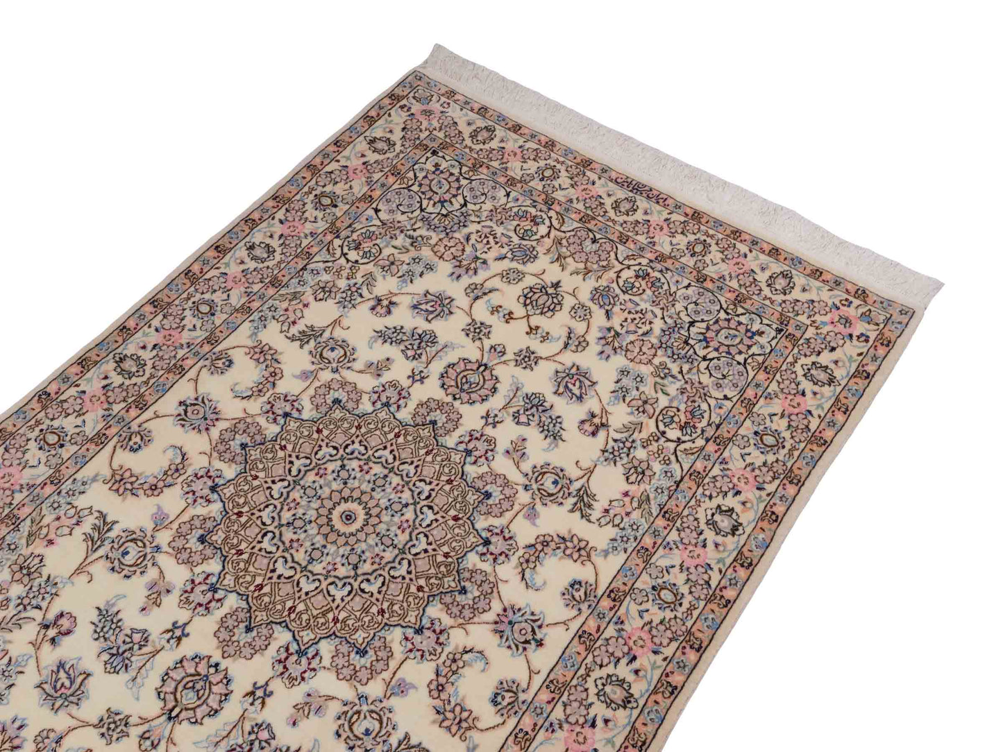 Handgeknüpfter Nain 6La Perserteppich von Habibian für Khademi, signiert, aus Wolle mit Seide, cremeweiß. Persischer Orientteppich mit Medaillon. Von Hand geknüpft in Iran / Persien. Größe: 159 x 101 cm. Teppichnummer: SB3-1039 Jupiter Intl.