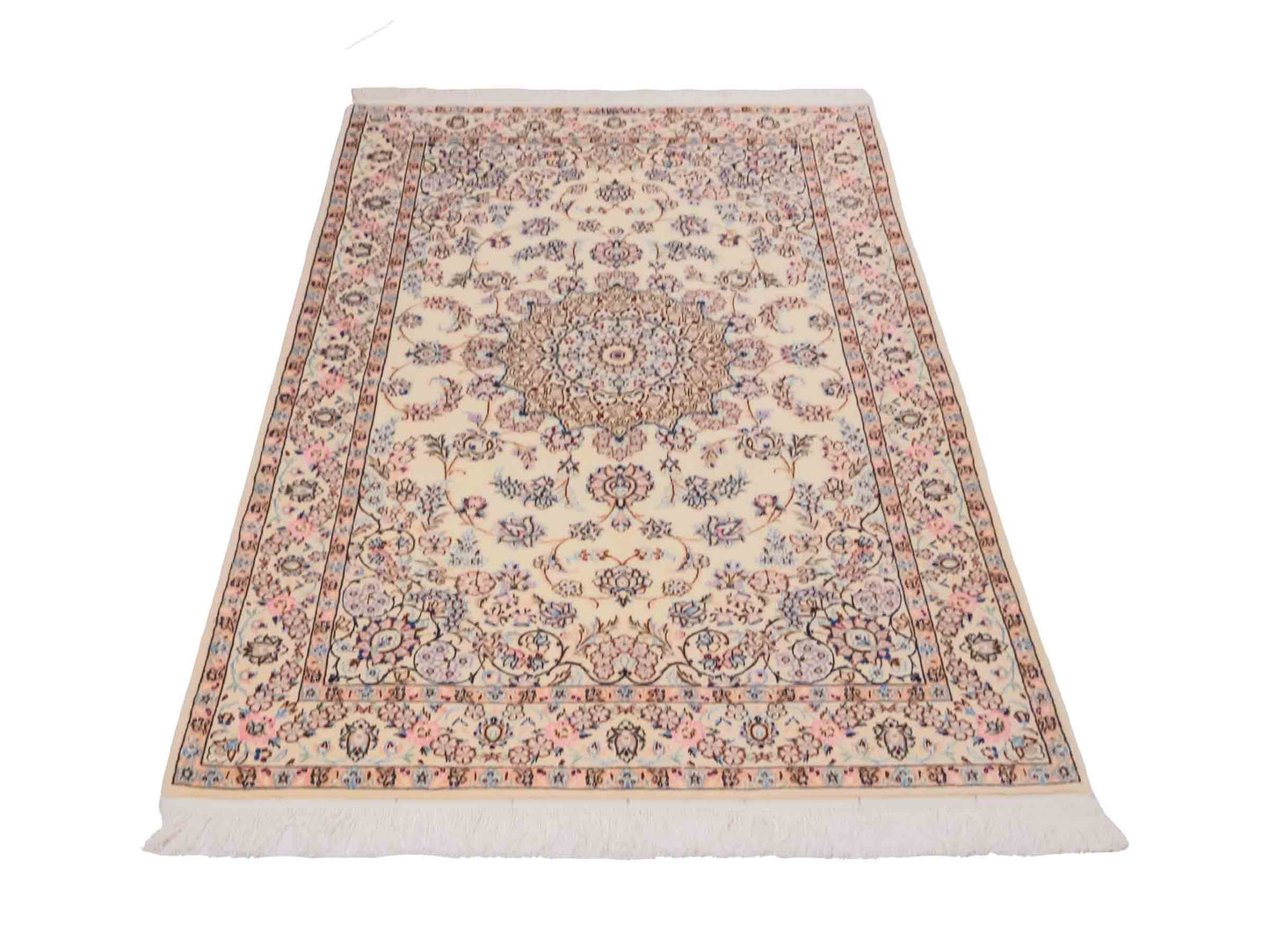 Handgeknüpfter Nain 6La Perserteppich von Habibian für Khademi, signiert, aus Wolle mit Seide, cremeweiß. Persischer Orientteppich mit Medaillon. Von Hand geknüpft in Iran / Persien. Größe: 159 x 101 cm. Teppichnummer: SB3-1039 Jupiter Intl.