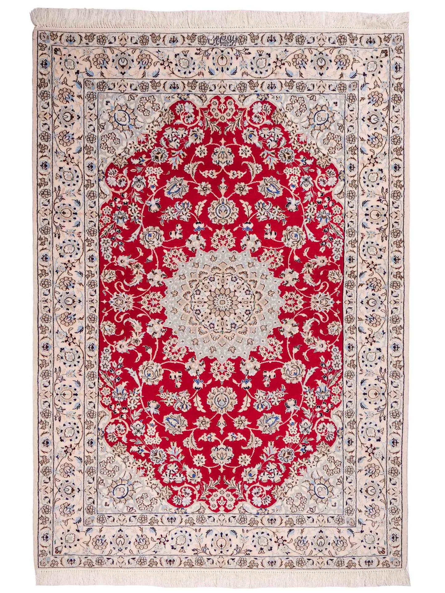 Handgeknüpfter Nain 6La Perserteppich von Habibian für Khademi, signiert, aus Wolle mit Seide, rot-weiß. Persischer Orientteppich mit Medaillon. Von Hand geknüpft in Iran / Persien. Größe: 170 x 120 cm. Teppichnummer: SB3-1041 Jupiter Intl.