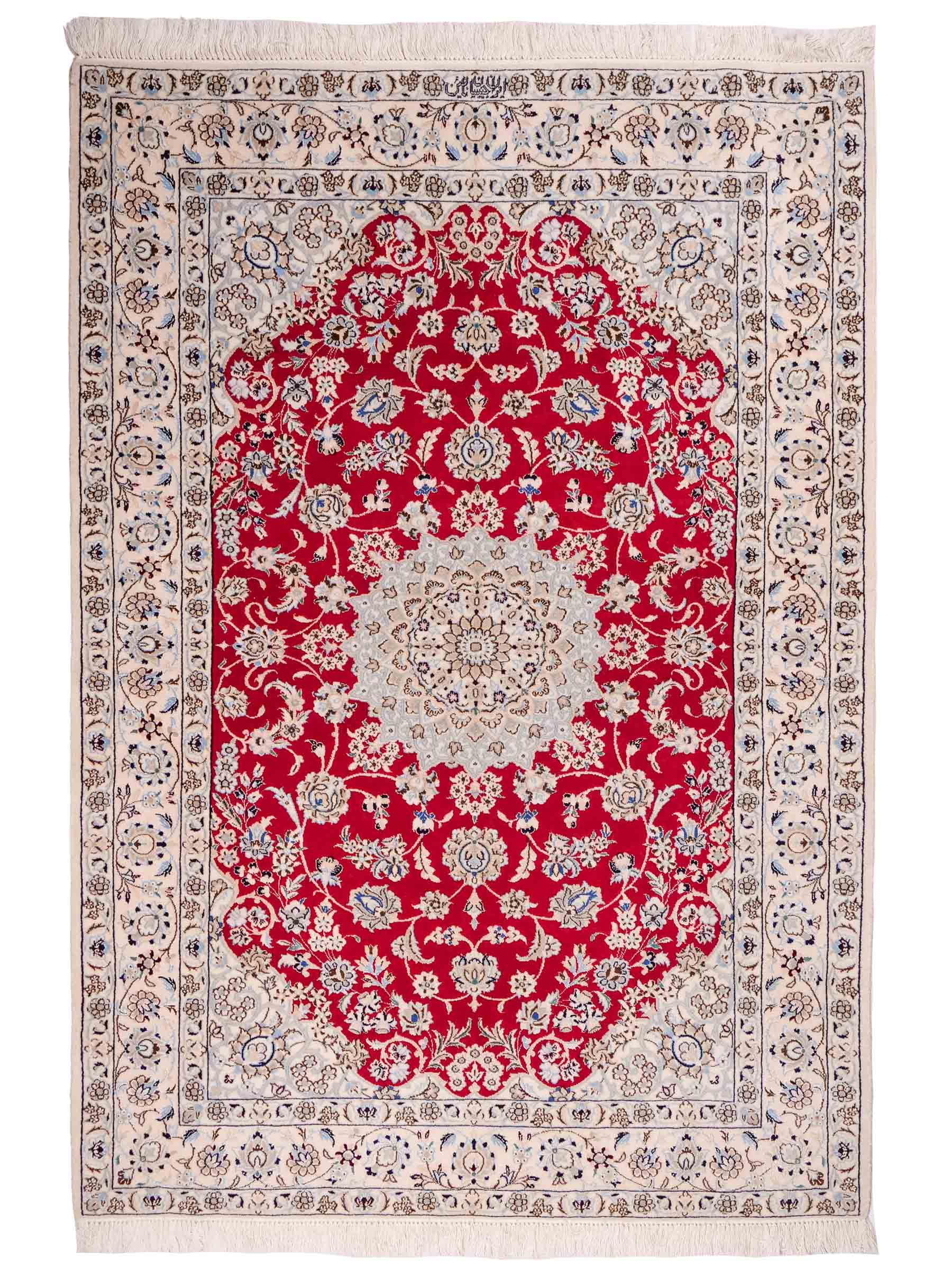 Handgeknüpfter Nain 6La Perserteppich von Habibian für Khademi, signiert, aus Wolle mit Seide, rot-weiß. Persischer Orientteppich mit Medaillon. Von Hand geknüpft in Iran / Persien. Größe: 170 x 120 cm. Teppichnummer: SB3-1041 Jupiter Intl.