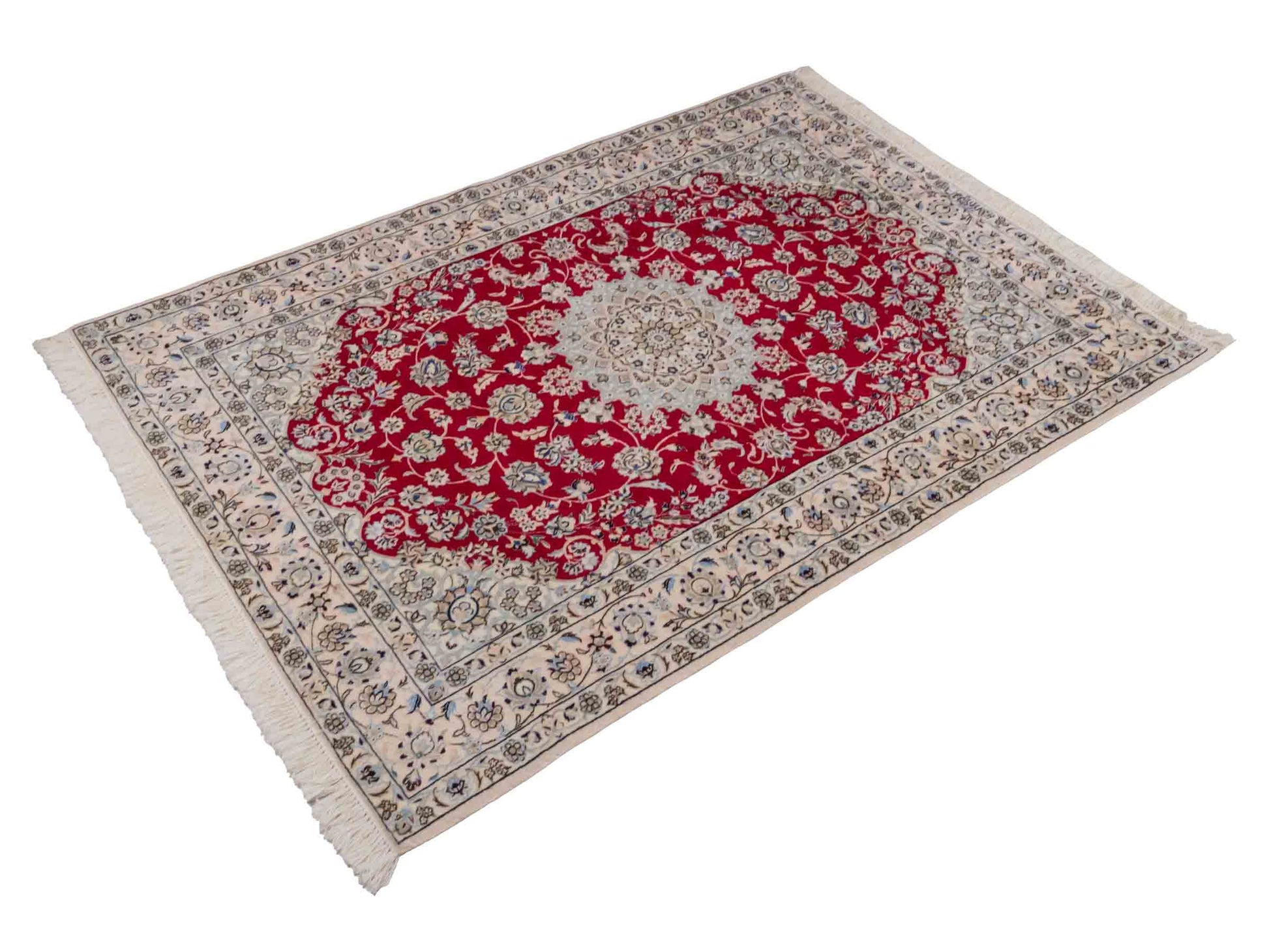 Handgeknüpfter Nain 6La Perserteppich von Habibian für Khademi, signiert, aus Wolle mit Seide, rot-weiß. Persischer Orientteppich mit Medaillon. Von Hand geknüpft in Iran / Persien. Größe: 170 x 120 cm. Teppichnummer: SB3-1041 Jupiter Intl.