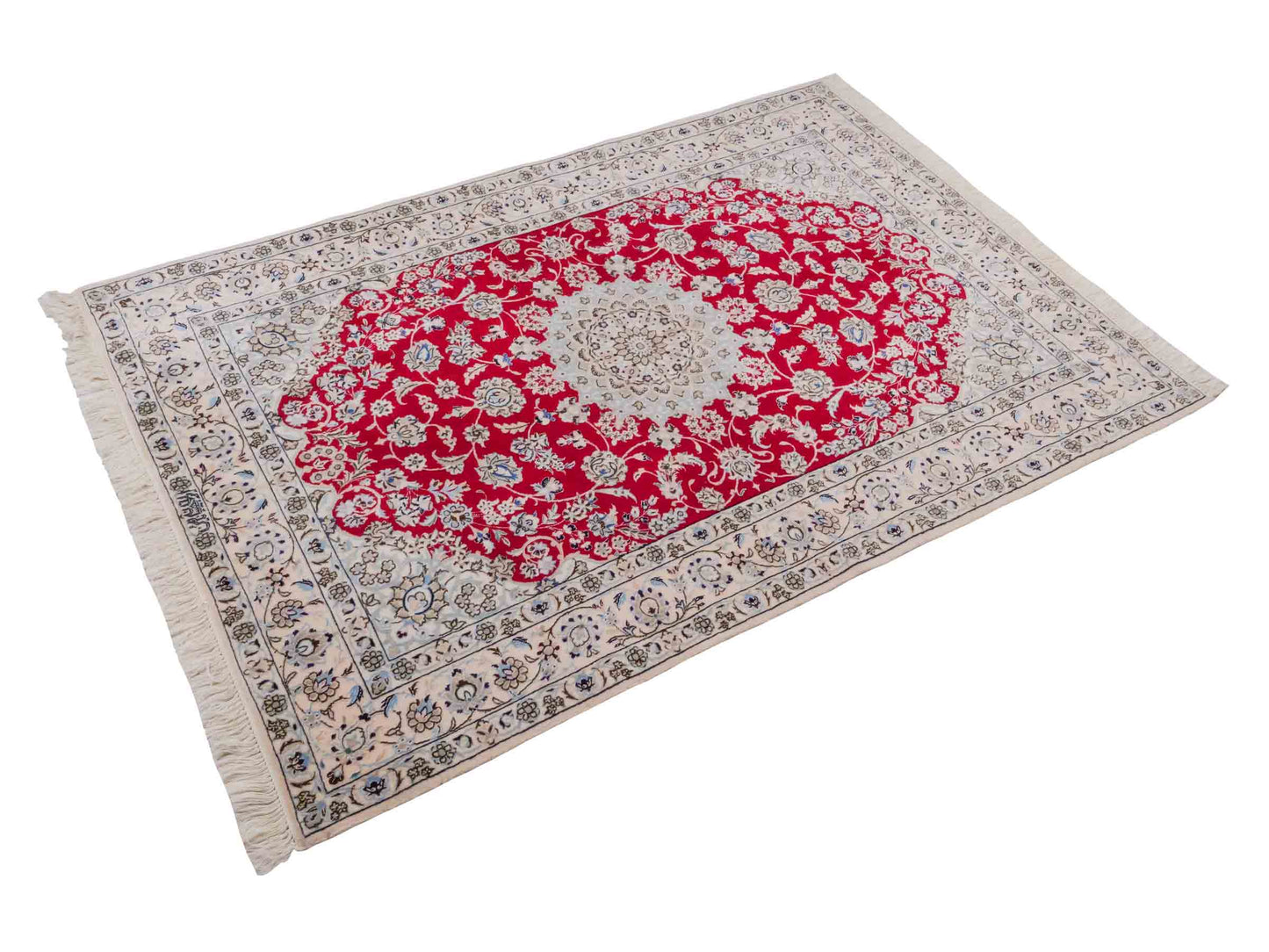 Handgeknüpfter Nain 6La Perserteppich von Habibian für Khademi, signiert, aus Wolle mit Seide, rot-weiß. Persischer Orientteppich mit Medaillon. Von Hand geknüpft in Iran / Persien. Größe: 170 x 120 cm. Teppichnummer: SB3-1041 Jupiter Intl.