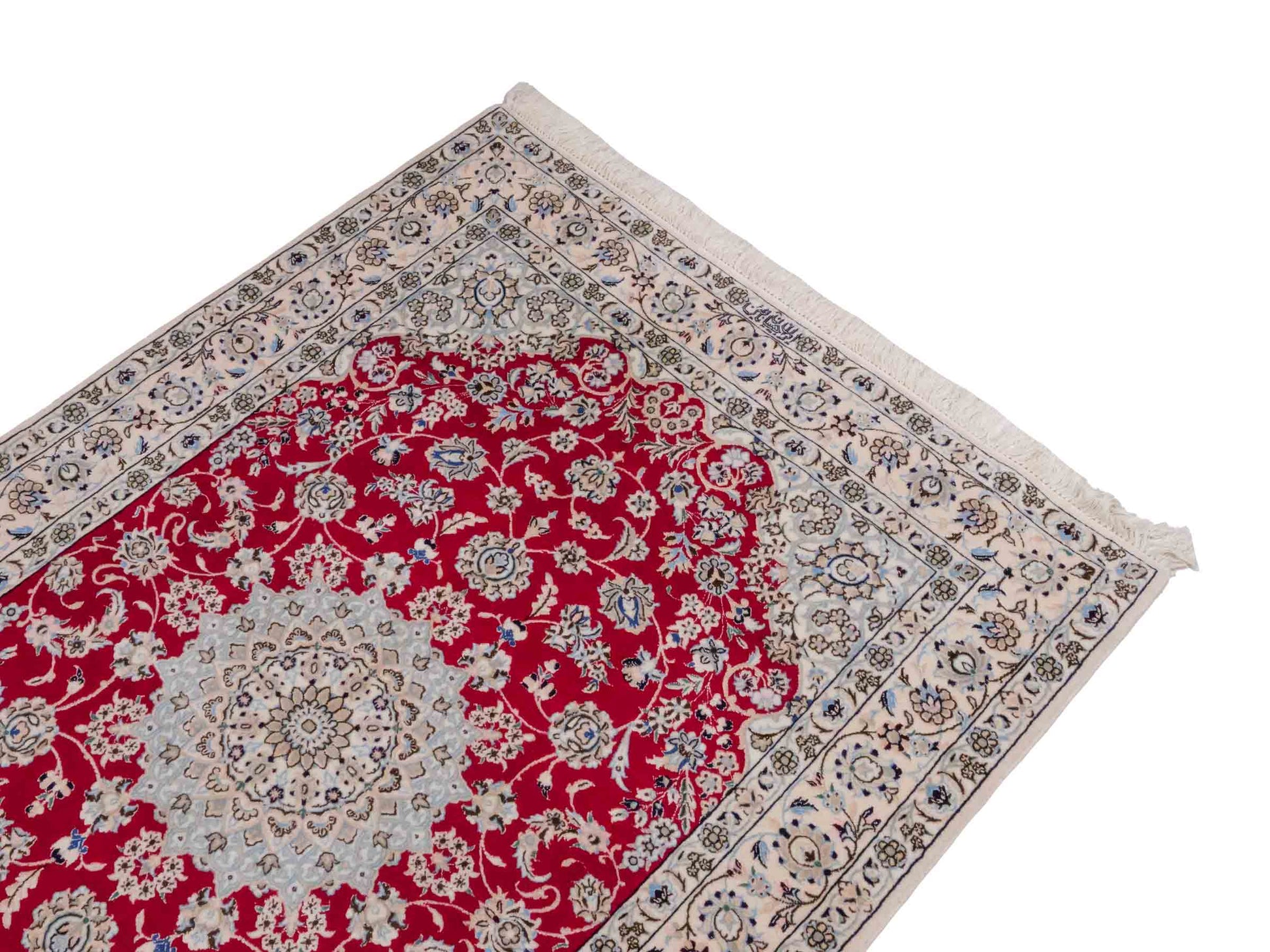 Handgeknüpfter Nain 6La Perserteppich von Habibian für Khademi, signiert, aus Wolle mit Seide, rot-weiß. Persischer Orientteppich mit Medaillon. Von Hand geknüpft in Iran / Persien. Größe: 170 x 120 cm. Teppichnummer: SB3-1041 Jupiter Intl.