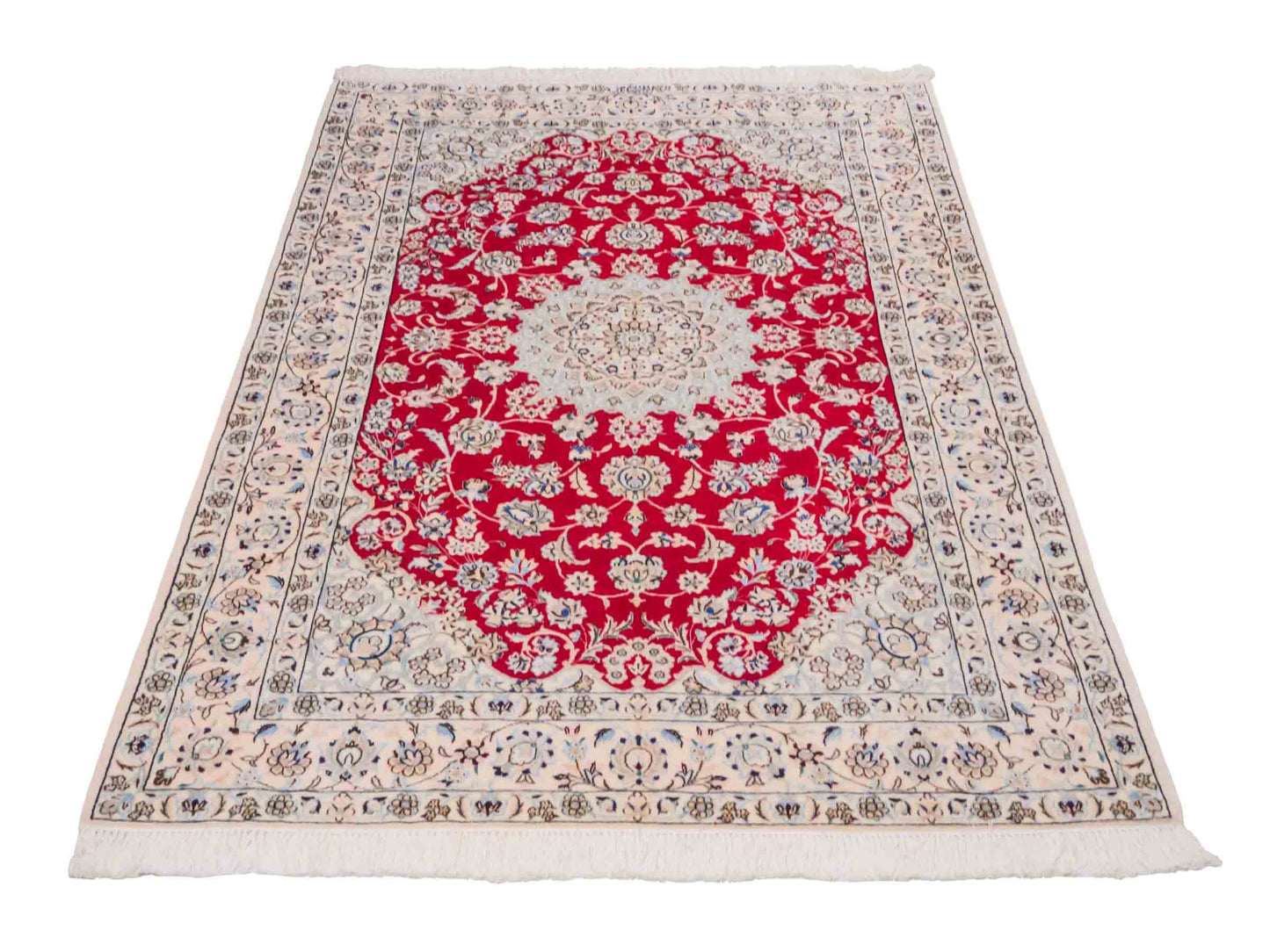Handgeknüpfter Nain 6La Perserteppich von Habibian für Khademi, signiert, aus Wolle mit Seide, rot-weiß. Persischer Orientteppich mit Medaillon. Von Hand geknüpft in Iran / Persien. Größe: 170 x 120 cm. Teppichnummer: SB3-1041 Jupiter Intl.