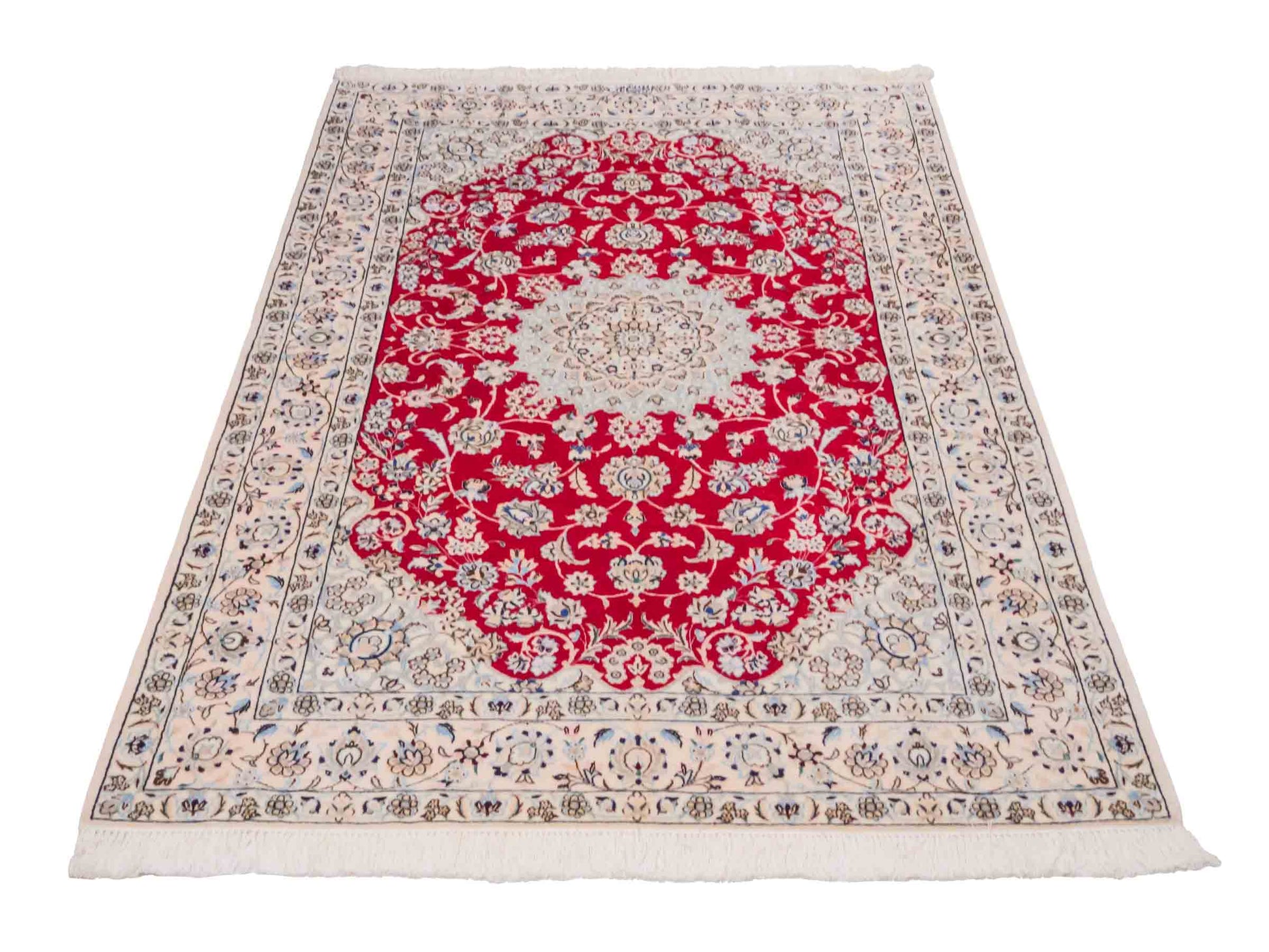 Handgeknüpfter Nain 6La Perserteppich von Habibian für Khademi, signiert, aus Wolle mit Seide, rot-weiß. Persischer Orientteppich mit Medaillon. Von Hand geknüpft in Iran / Persien. Größe: 170 x 120 cm. Teppichnummer: SB3-1041 Jupiter Intl.