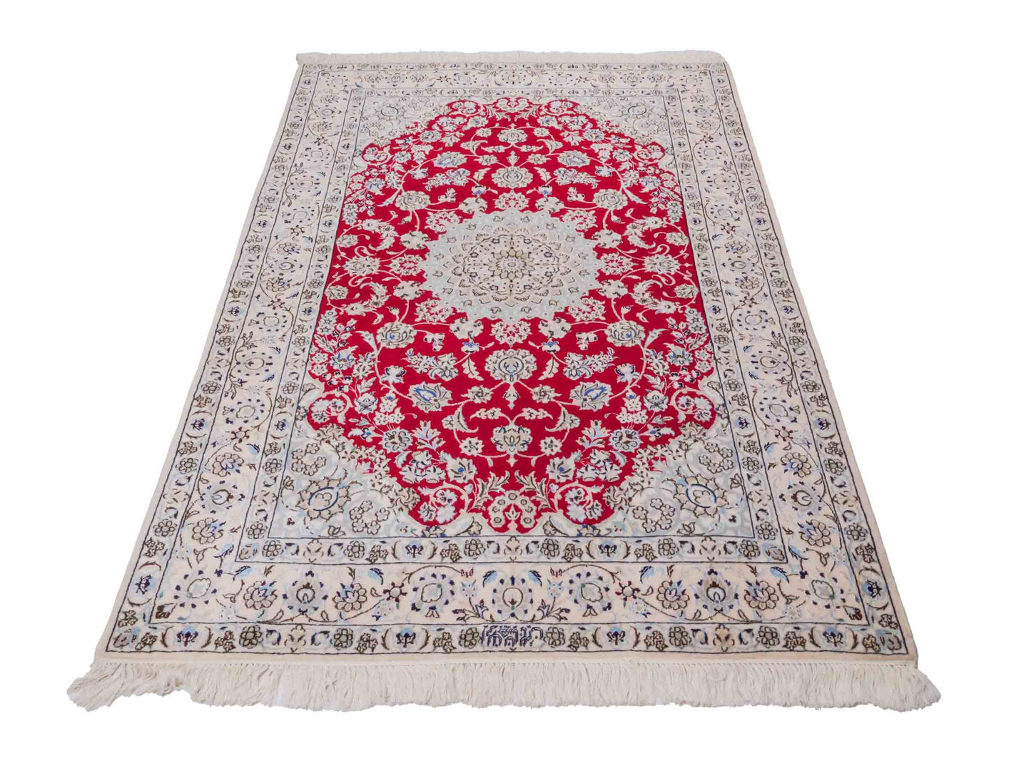Handgeknüpfter Nain 6La Perserteppich von Habibian für Khademi, signiert, aus Wolle mit Seide, rot-weiß. Persischer Orientteppich mit Medaillon. Von Hand geknüpft in Iran / Persien. Größe: 170 x 120 cm. Teppichnummer: SB3-1041 Jupiter Intl.