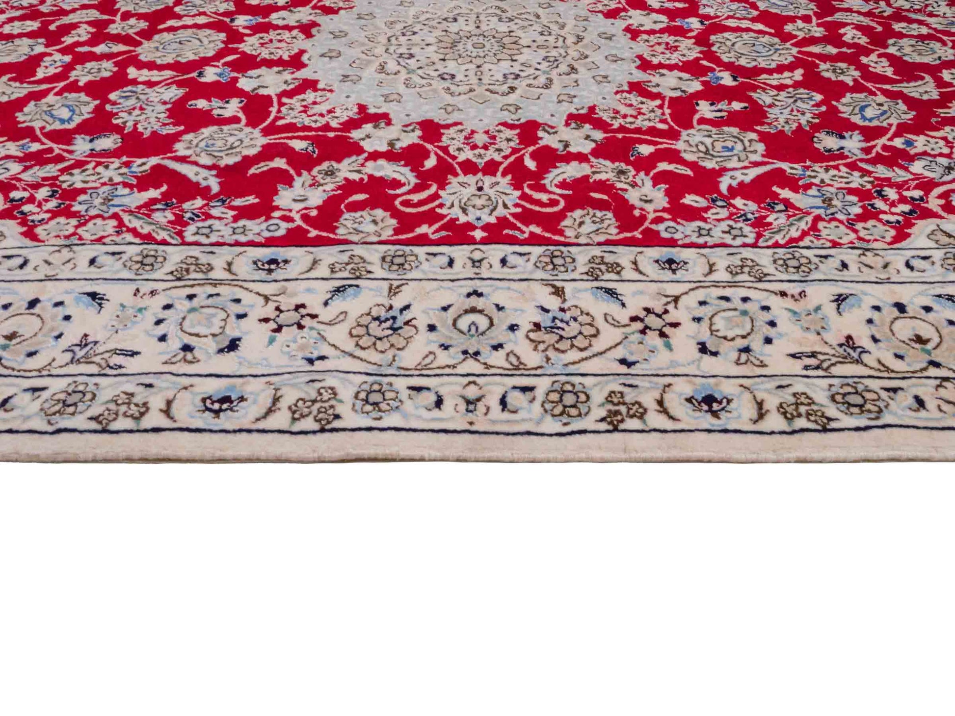 Handgeknüpfter Nain 6La Perserteppich von Habibian für Khademi, signiert, aus Wolle mit Seide, rot-weiß. Persischer Orientteppich mit Medaillon. Von Hand geknüpft in Iran / Persien. Größe: 170 x 120 cm. Teppichnummer: SB3-1041 Jupiter Intl.