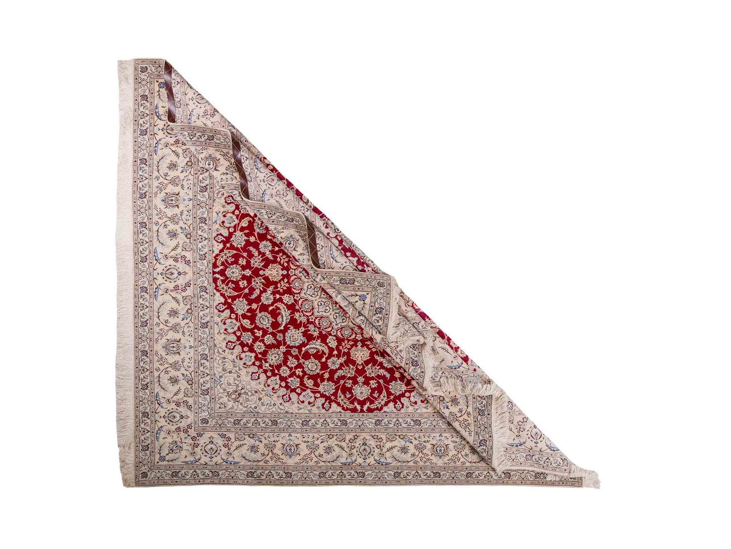 Handgeknüpfter Nain 6La Perserteppich von Khademi aus Wolle mit Seide, signiert, rot-elfenbein-weiß. Persischer Orientteppich mit Medaillon. Von Hand geknüpft in Iran / Persien. Größe: 210 cm x 200 cm. Teppichnummer: SB3-1175 | Jupiter Intl.