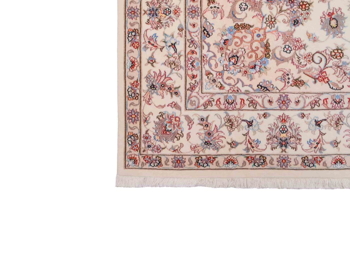 Handgeknüpfter Nain 6La Perserteppich von Khademi aus Wolle mit Seide, cremeweiß-beige. Persischer Orientteppich mit Medaillon. Von Hand geknüpft in Iran / Persien. Größe: 240 cm x 168 cm. Teppichnummer: SB3-1078 | Jupiter Intl.