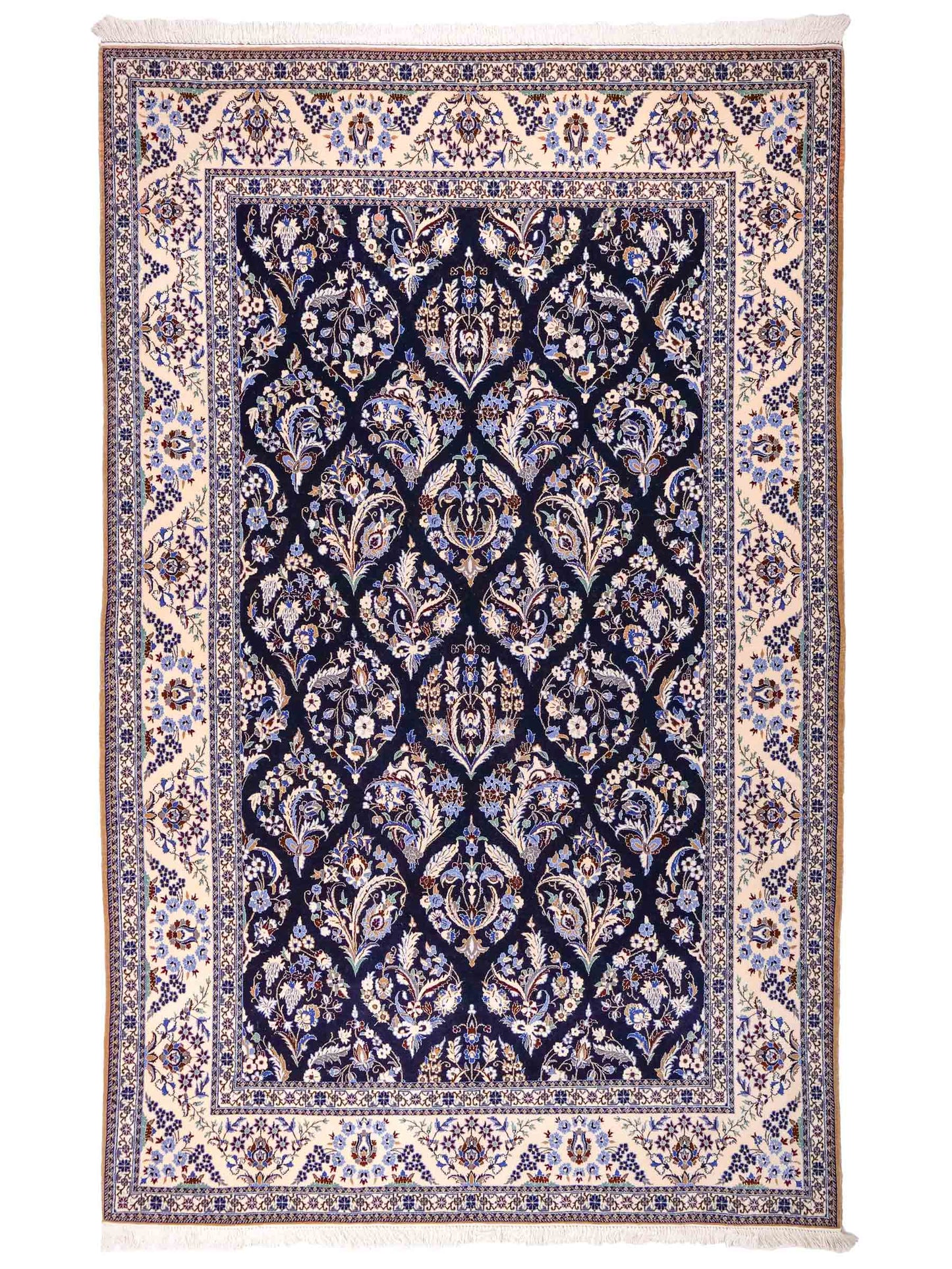 Handgeknüpfter Nain 6La Perserteppich von Khademi aus Wolle mit Seide, navy-blau-weiß. Persischer Orientteppich mit Allover-Motiv. Von Hand geknüpft in Iran / Persien. Größe: 254 cm x 160 cm. Teppichnummer: SB3-1076 | Jupiter Intl.