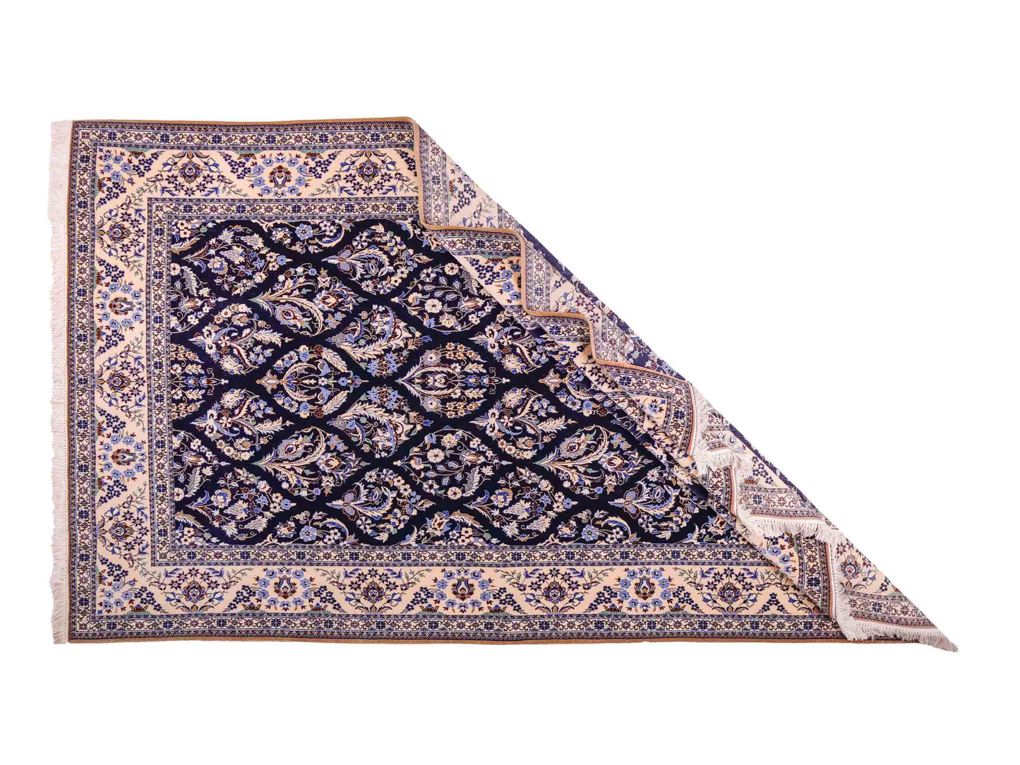 Handgeknüpfter Nain 6La Perserteppich von Khademi aus Wolle mit Seide, navy-blau-weiß. Persischer Orientteppich mit Allover-Motiv. Von Hand geknüpft in Iran / Persien. Größe: 254 cm x 160 cm. Teppichnummer: SB3-1076 | Jupiter Intl.