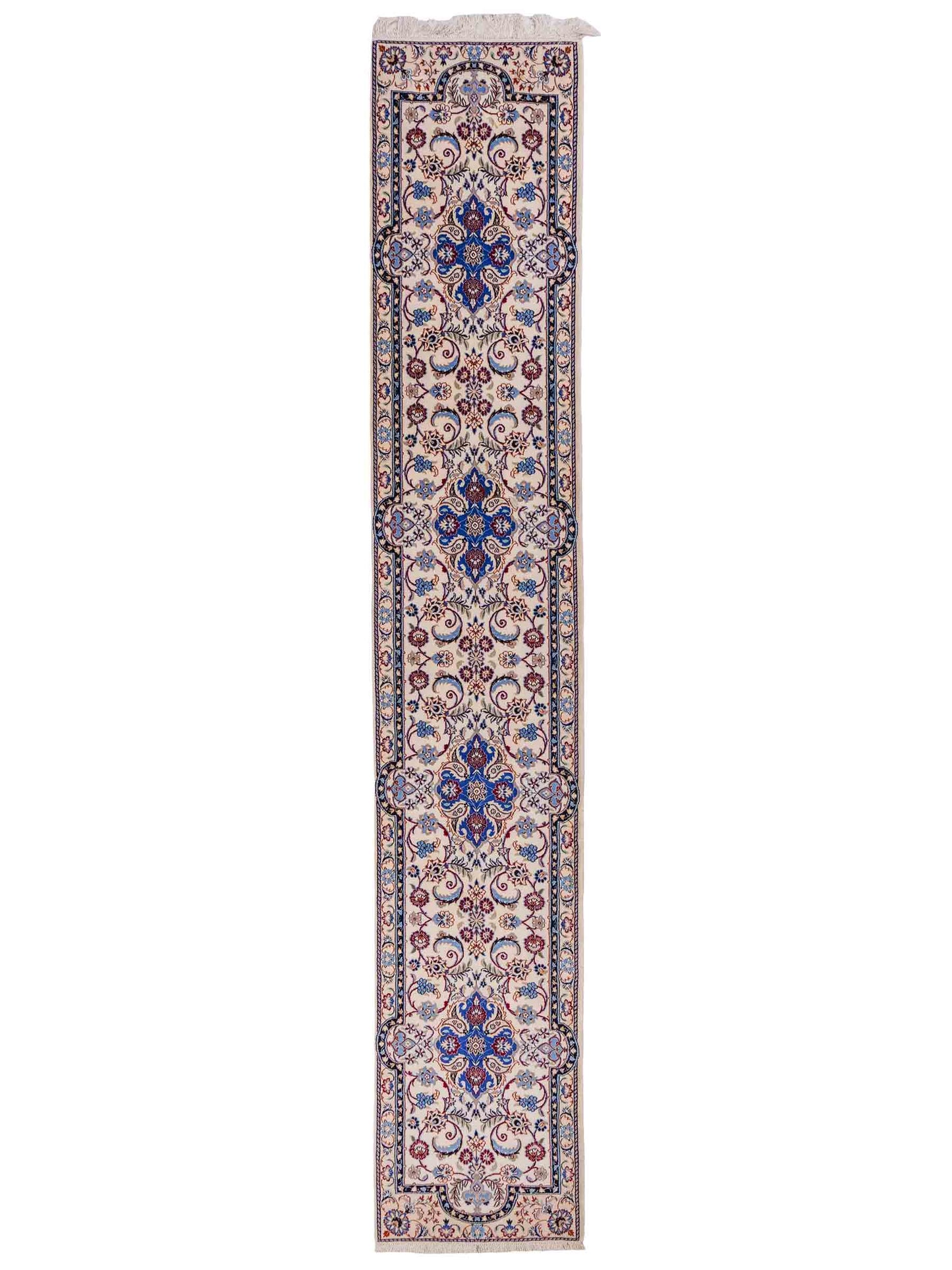 Handgeknüpfter Nain 6La Läufer-Perserteppich von Khademi aus Wolle mit Seide, cremeweiß. Persischer Teppich, durchgemustert. Von Hand geknüpft in Iran. Größe: 280 cm x 50 cm. Teppichnummer: DB3-1001. Verkauf durch Jupiter Intl.