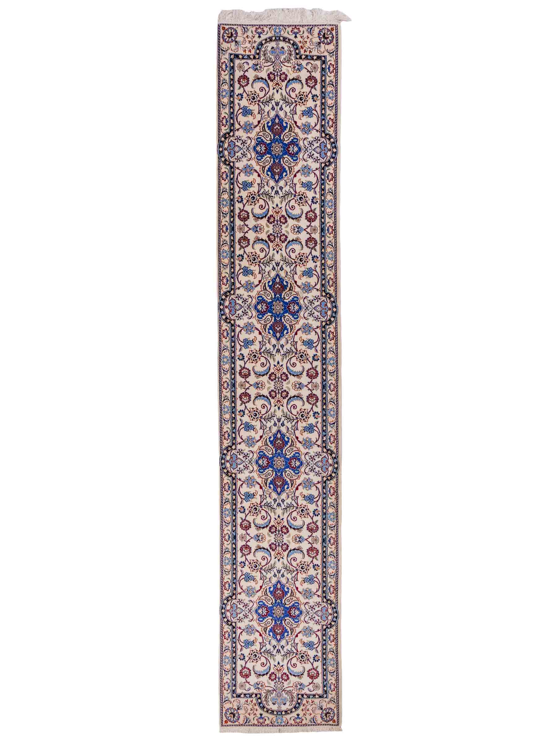 Handgeknüpfter Nain 6La Läufer-Perserteppich von Khademi aus Wolle mit Seide, cremeweiß. Persischer Teppich, durchgemustert. Von Hand geknüpft in Iran. Größe: 280 cm x 50 cm. Teppichnummer: DB3-1001. Verkauf durch Jupiter Intl.