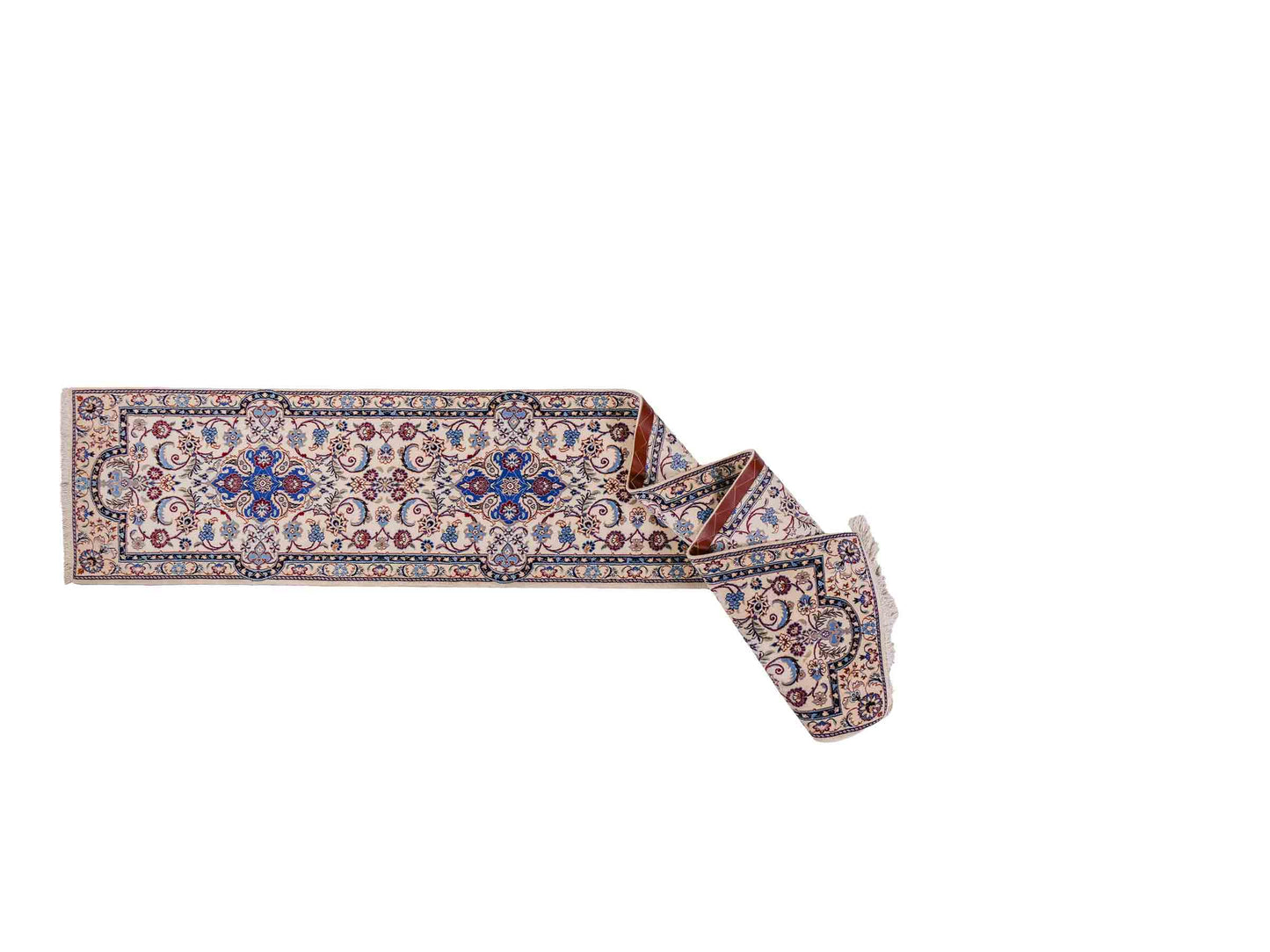 Handgeknüpfter Nain 6La Läufer-Perserteppich von Khademi aus Wolle mit Seide, cremeweiß. Persischer Teppich, durchgemustert. Von Hand geknüpft in Iran. Größe: 280 cm x 50 cm. Teppichnummer: DB3-1001. Verkauf durch Jupiter Intl.