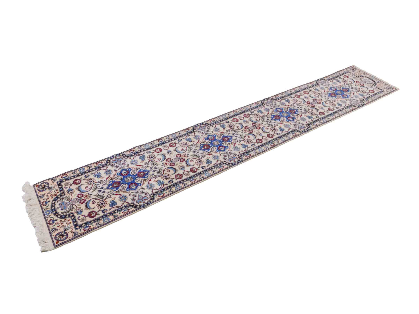 Handgeknüpfter Nain 6La Läufer-Perserteppich von Khademi aus Wolle mit Seide, cremeweiß. Persischer Teppich, durchgemustert. Von Hand geknüpft in Iran. Größe: 280 cm x 50 cm. Teppichnummer: DB3-1001. Verkauf durch Jupiter Intl.