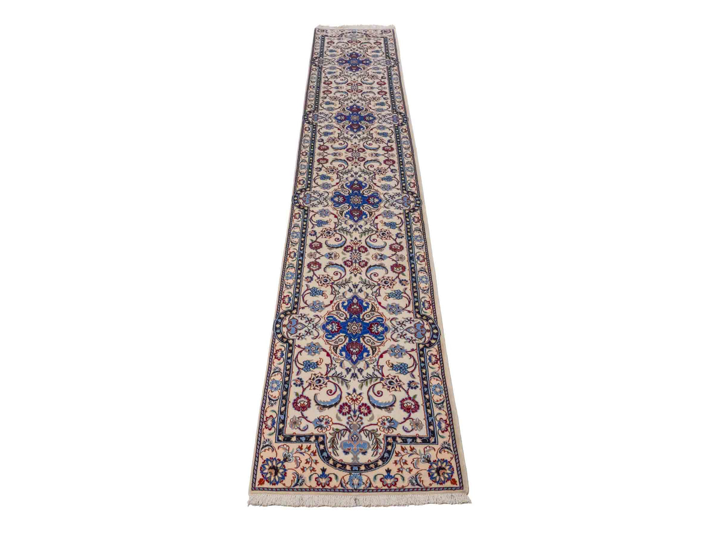 Handgeknüpfter Nain 6La Läufer-Perserteppich von Khademi aus Wolle mit Seide, cremeweiß. Persischer Teppich, durchgemustert. Von Hand geknüpft in Iran. Größe: 280 cm x 50 cm. Teppichnummer: DB3-1001. Verkauf durch Jupiter Intl.