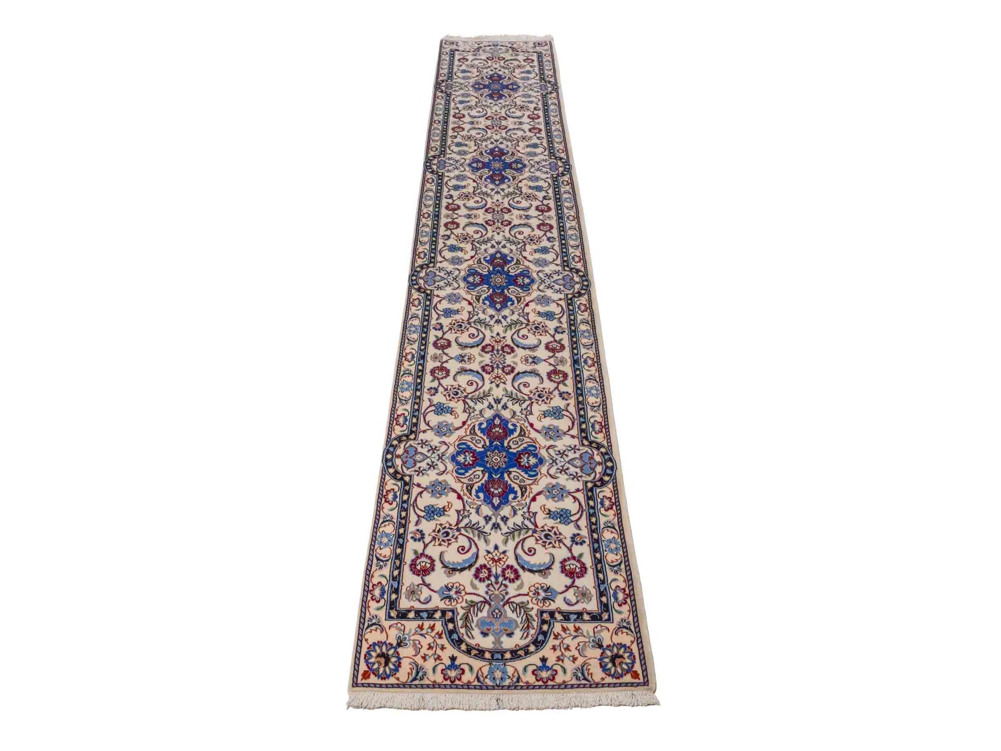 Handgeknüpfter Nain 6La Läufer-Perserteppich von Khademi aus Wolle mit Seide, cremeweiß. Persischer Teppich, durchgemustert. Von Hand geknüpft in Iran. Größe: 280 cm x 50 cm. Teppichnummer: DB3-1001. Verkauf durch Jupiter Intl.