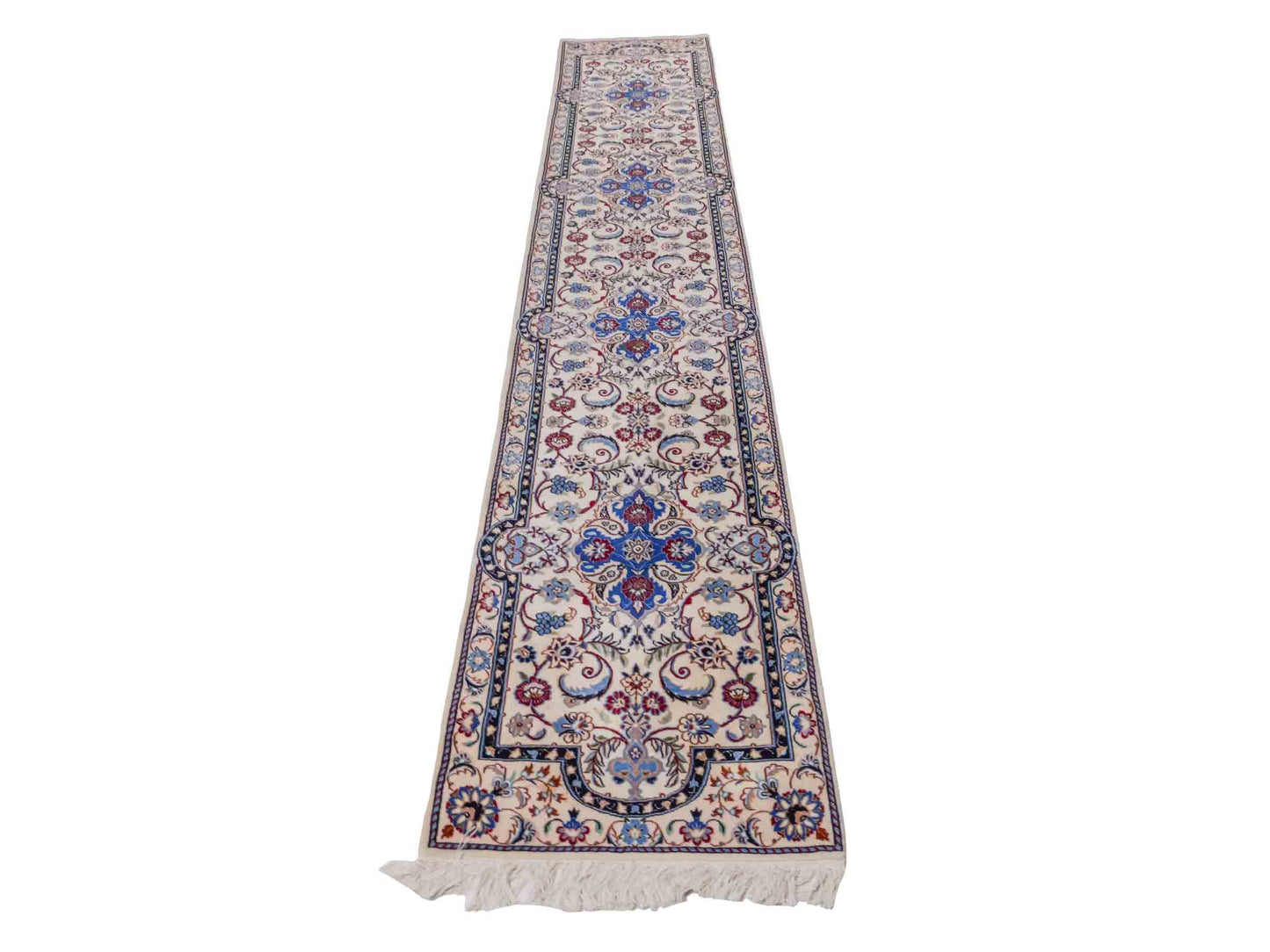 Handgeknüpfter Nain 6La Läufer-Perserteppich von Khademi aus Wolle mit Seide, cremeweiß. Persischer Teppich, durchgemustert. Von Hand geknüpft in Iran. Größe: 280 cm x 50 cm. Teppichnummer: DB3-1001. Verkauf durch Jupiter Intl.