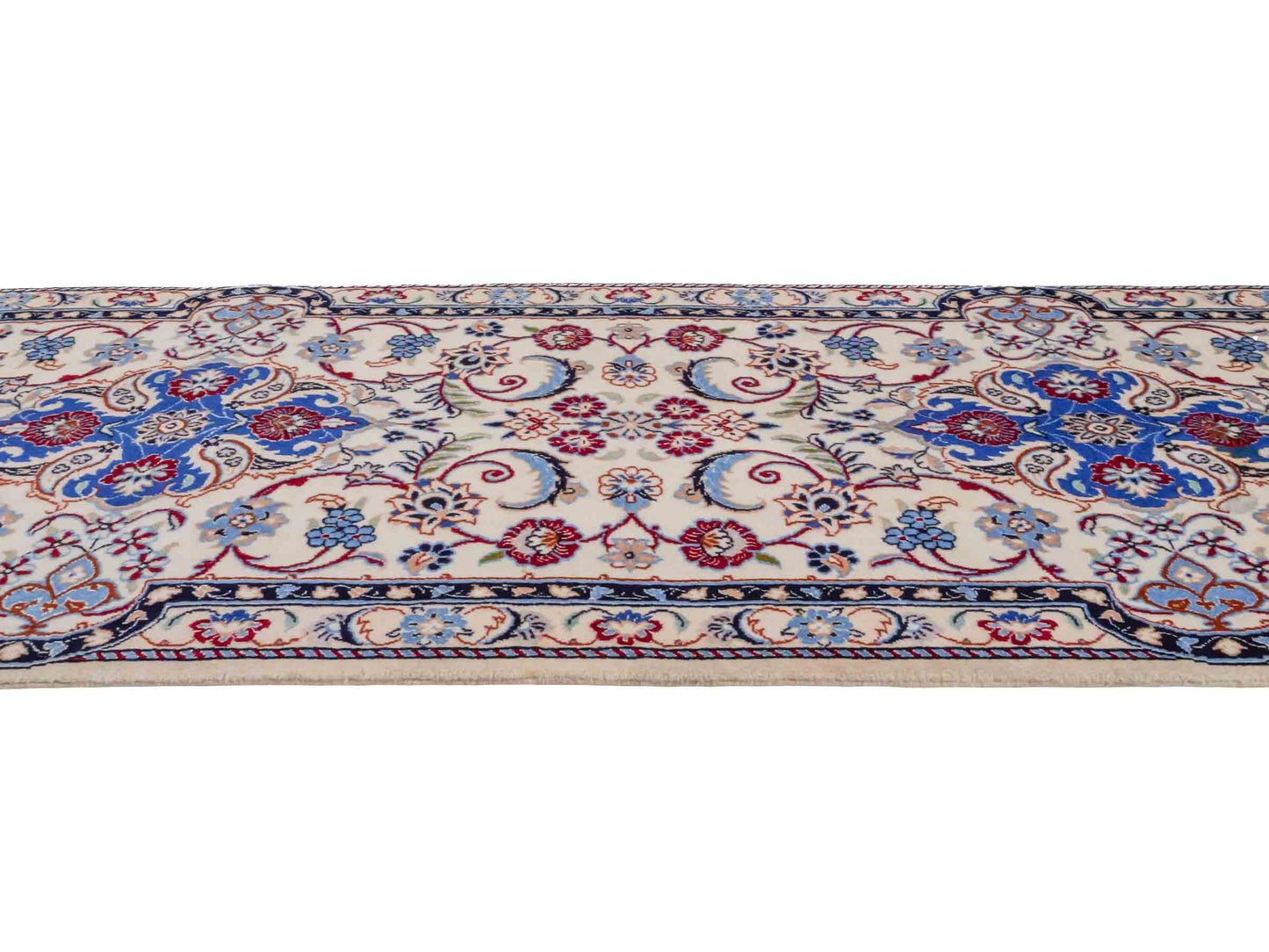 Handgeknüpfter Nain 6La Läufer-Perserteppich von Khademi aus Wolle mit Seide, cremeweiß. Persischer Teppich, durchgemustert. Von Hand geknüpft in Iran. Größe: 280 cm x 50 cm. Teppichnummer: DB3-1001. Verkauf durch Jupiter Intl.