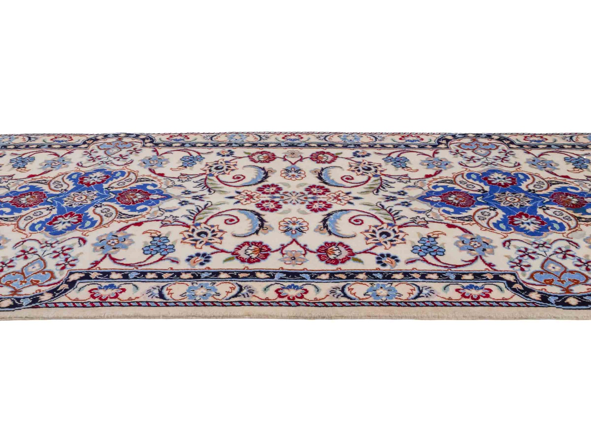 Handgeknüpfter Nain 6La Läufer-Perserteppich von Khademi aus Wolle mit Seide, cremeweiß. Persischer Teppich, durchgemustert. Von Hand geknüpft in Iran. Größe: 280 cm x 50 cm. Teppichnummer: DB3-1001. Verkauf durch Jupiter Intl.