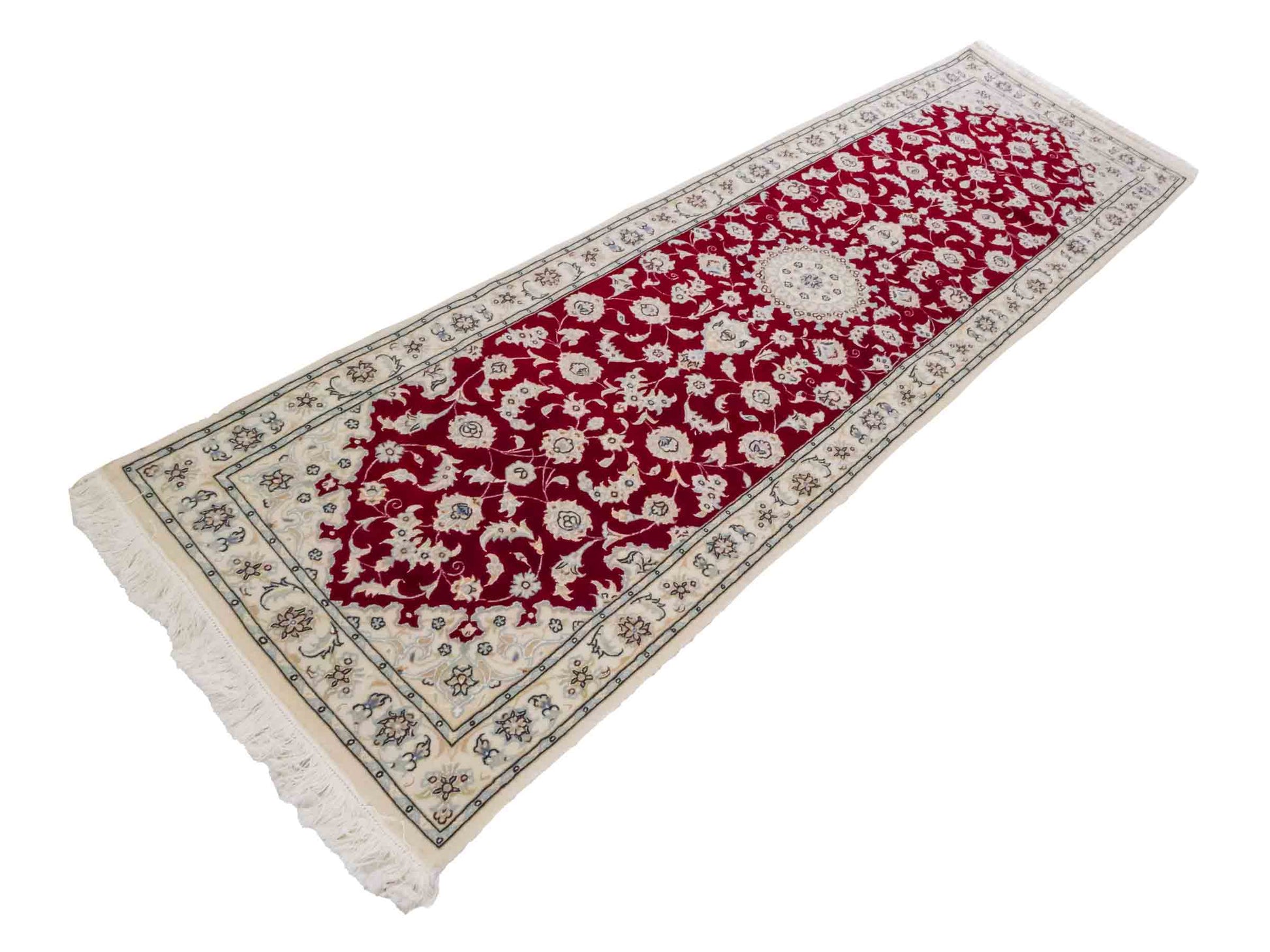Handgeknüpfter Nain 9La Läufer-Perserteppich von Khademi aus Wolle mit Seide, rot, weiß. Klassisches Medaillon-Design. Traditionell von Hand geknüpft in Iran / Persien. Größe: 256 cm x 80 cm. Teppichnummer: RB3-1095. Verkauf durch Jupiter Intl.