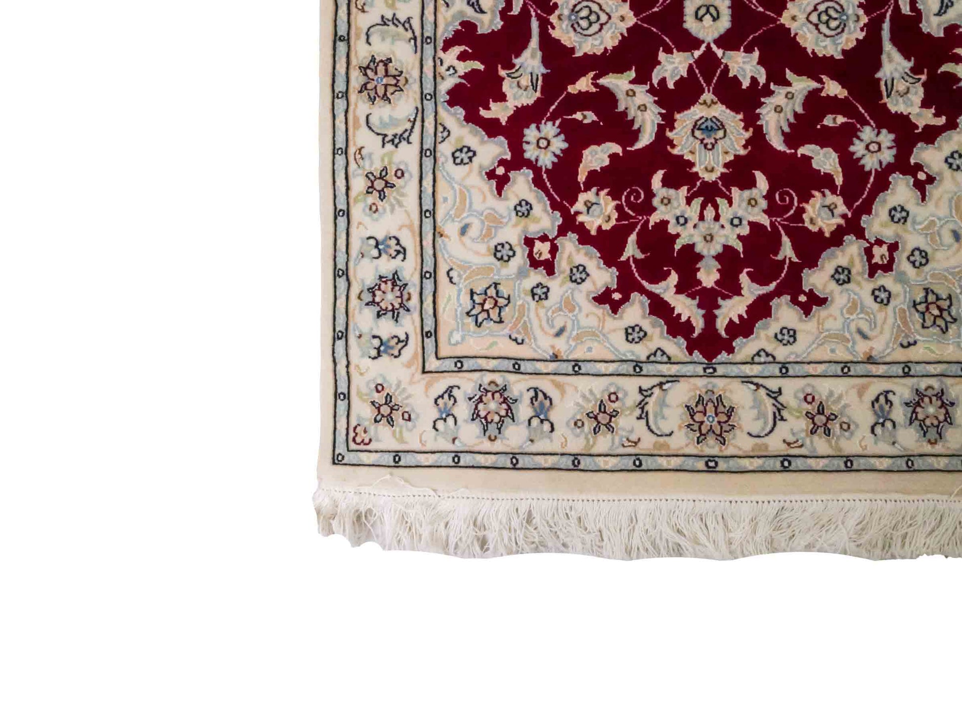 Handgeknüpfter Nain 9La Läufer-Perserteppich von Khademi aus Wolle mit Seide, rot, weiß. Klassisches Medaillon-Design. Traditionell von Hand geknüpft in Iran / Persien. Größe: 256 cm x 80 cm. Teppichnummer: RB3-1095. Verkauf durch Jupiter Intl.